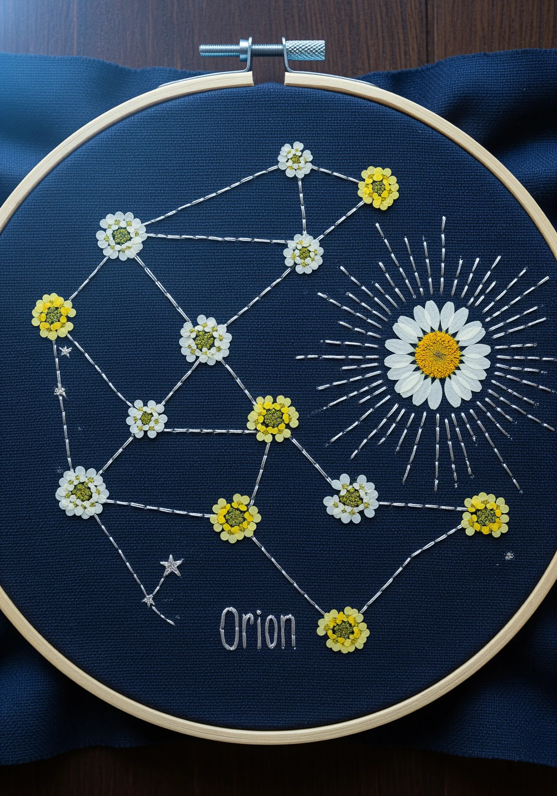 Pressed flowers arranged as the Orion constellation on dark blue fabric with stitched lines.