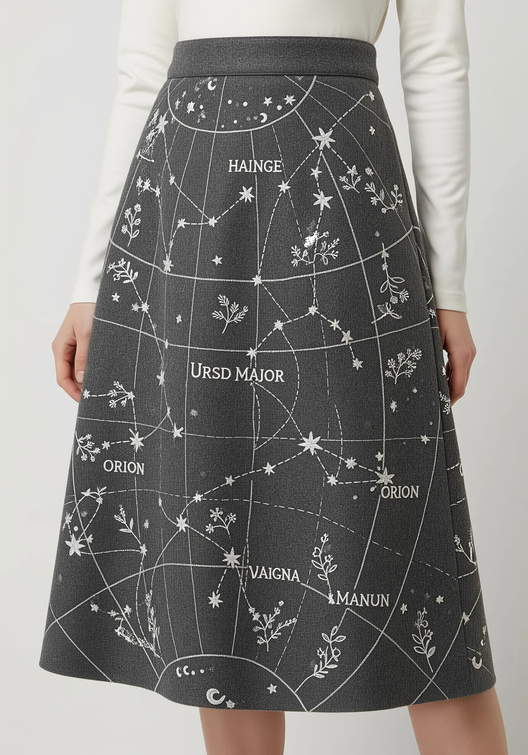 A celestial map with constellations and botanical motifs embroidered on a grey skirt.