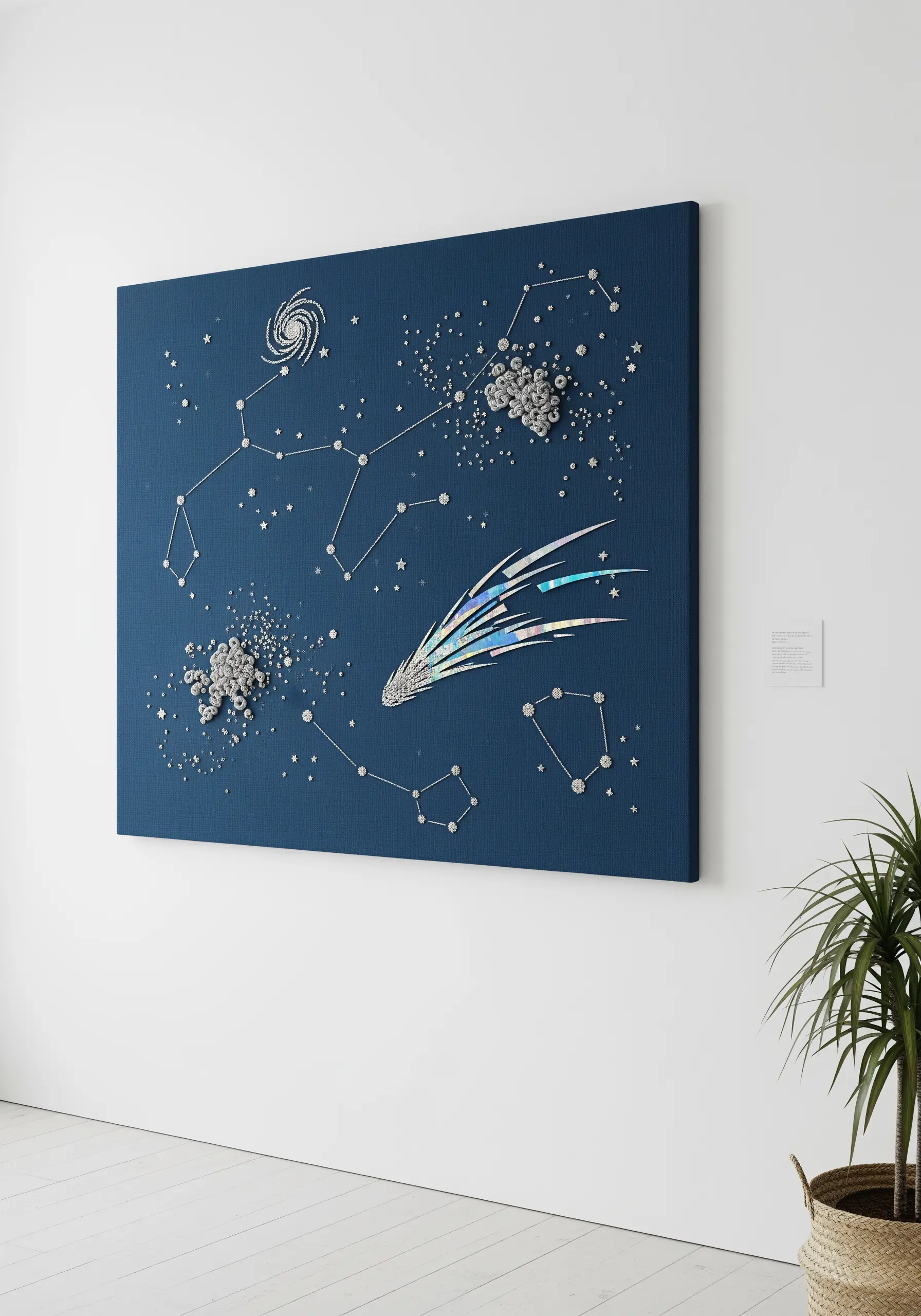 A large canvas with embroidered constellations using silver thread and beaded star clusters.