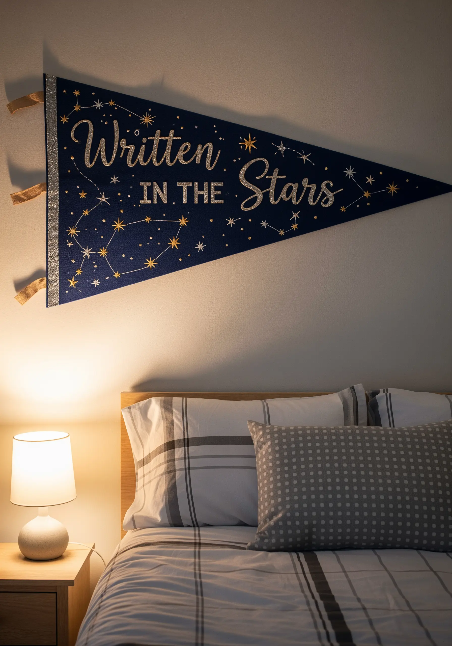 A dark blue felt pennant embroidered with a romantic quote and golden star constellations.