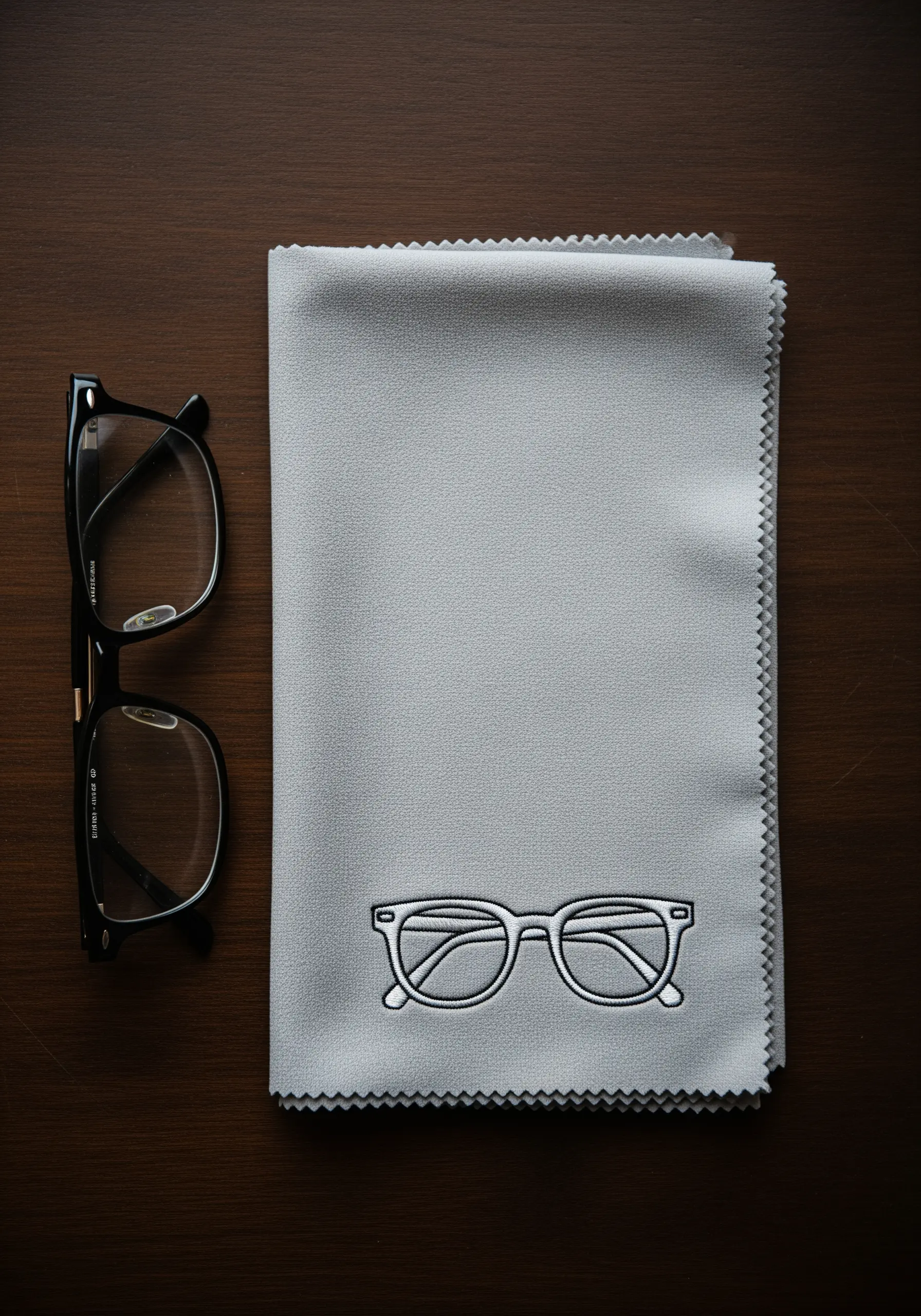 A gray microfiber cleaning cloth embroidered with a simple white outline of a pair of eyeglasses.