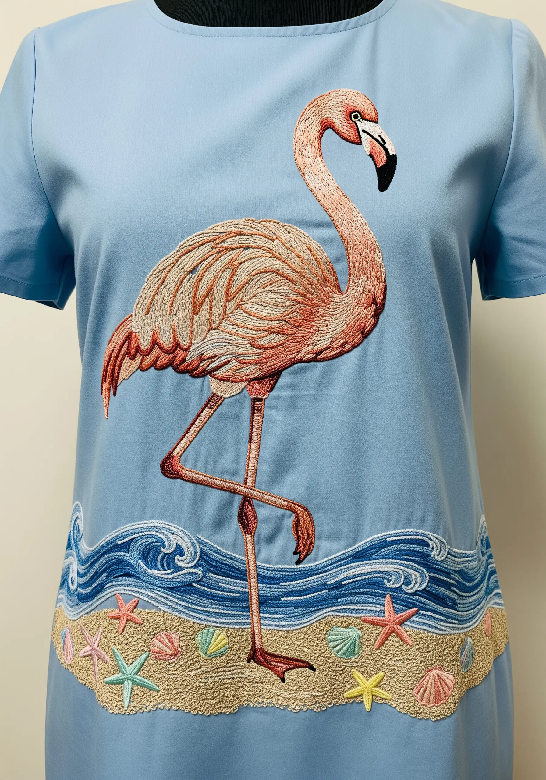 A flamingo embroidered at the hem of a blue dress with a sandy, shell-strewn beach scene.