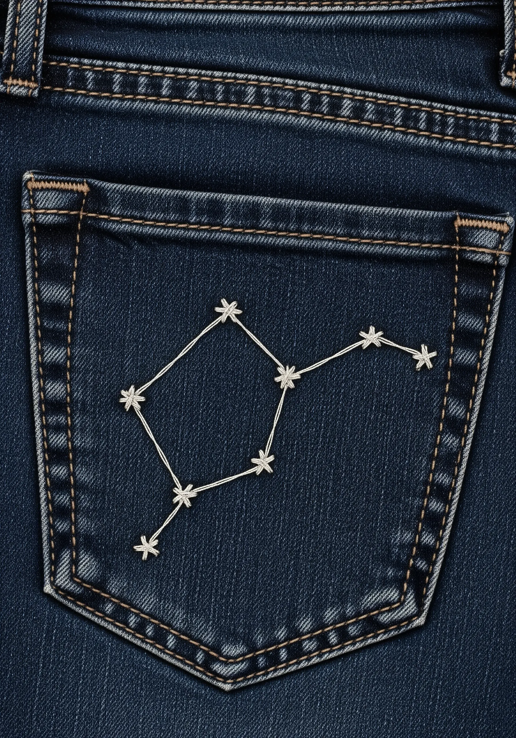 A constellation embroidered in white thread on the back pocket of dark blue jeans.