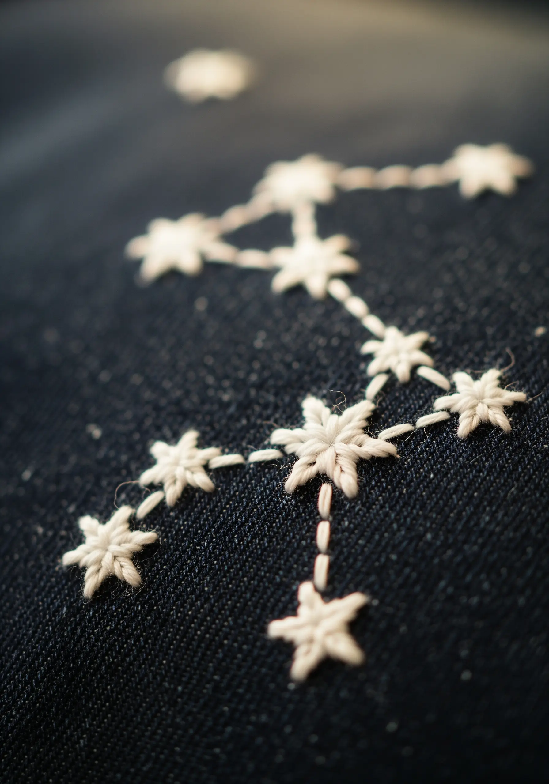 A constellation embroidered in white thread on dark denim fabric.