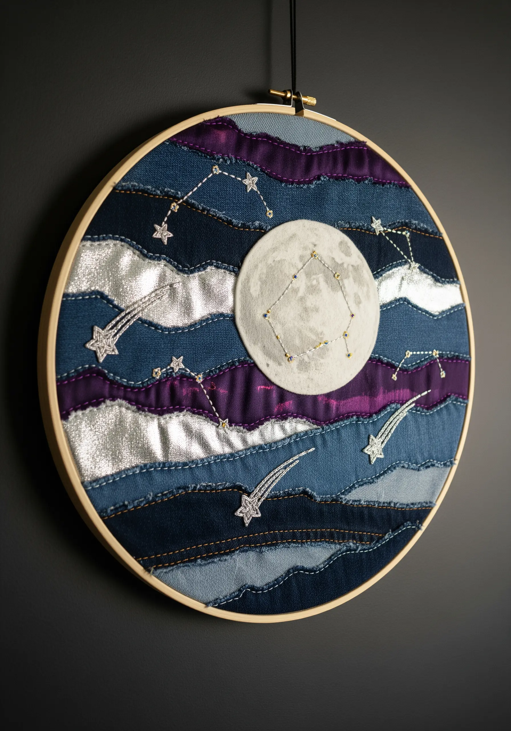 Fabric collage of a moon and stars made from layered denim and silver fabric.
