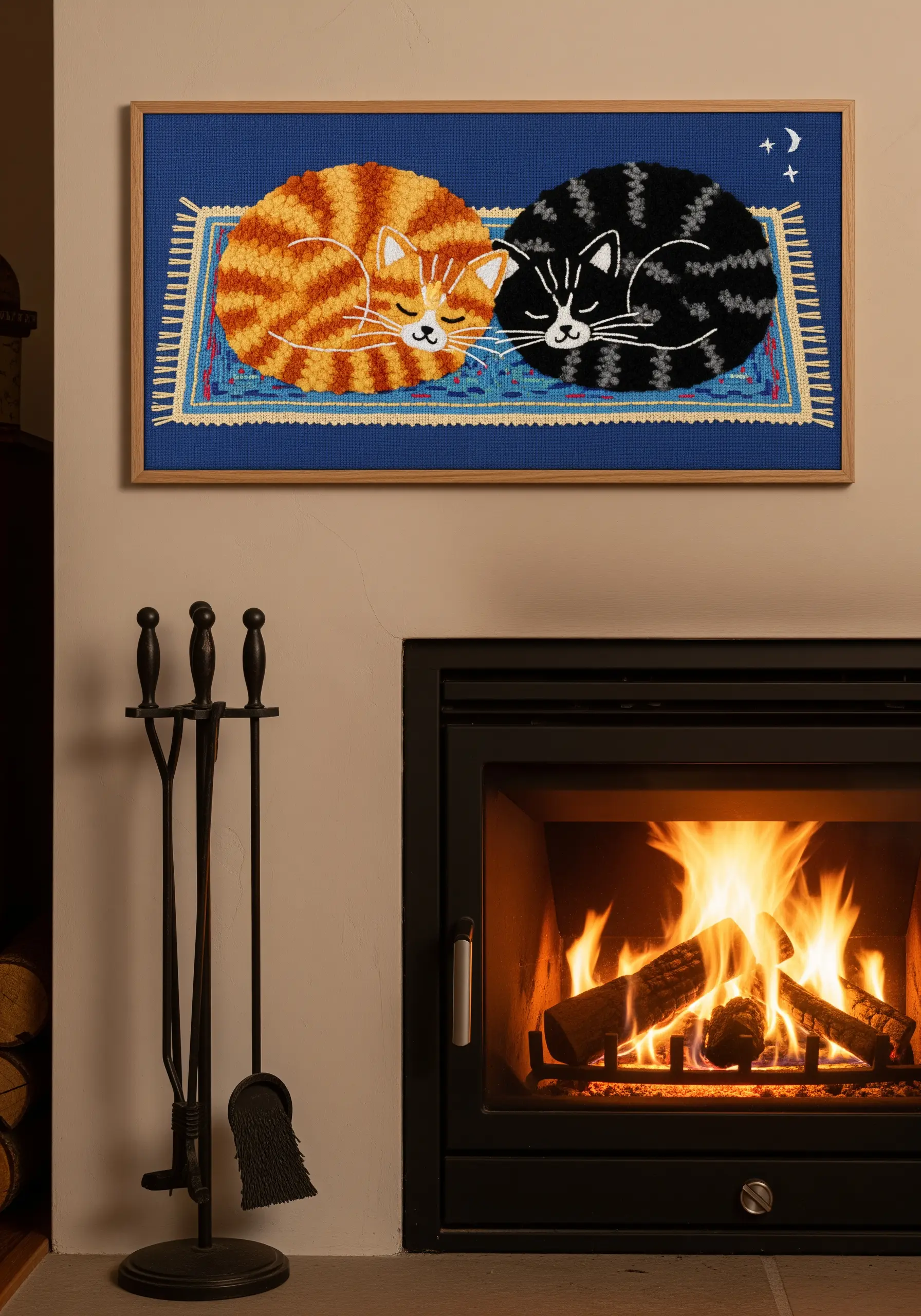 Framed embroidery of two sleeping cats on a rug, placed on the mantel above a fireplace.