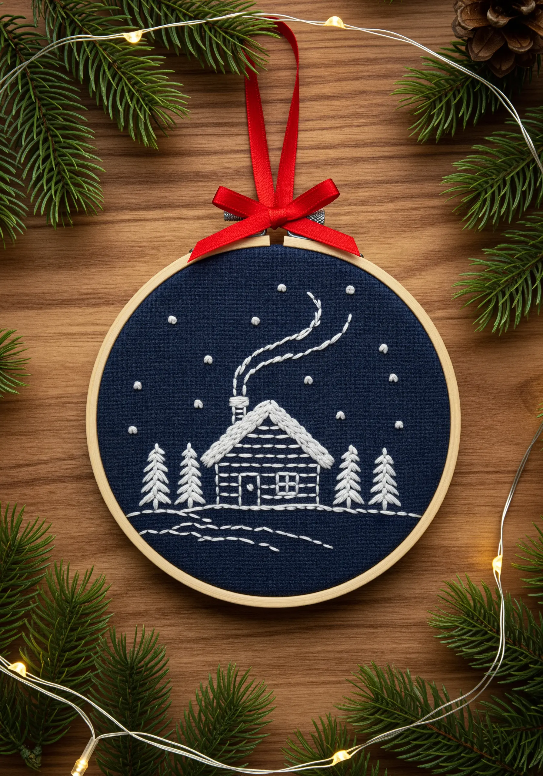 An embroidery hoop ornament with a winter scene of a log cabin and trees, stitched in white on navy fabric.