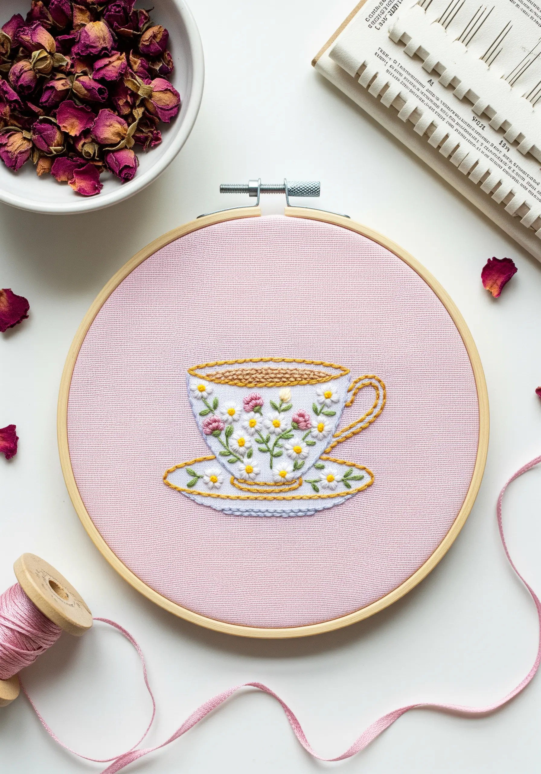 Embroidered teacup decorated with tiny lazy daisy stitch flowers and a gold rim.