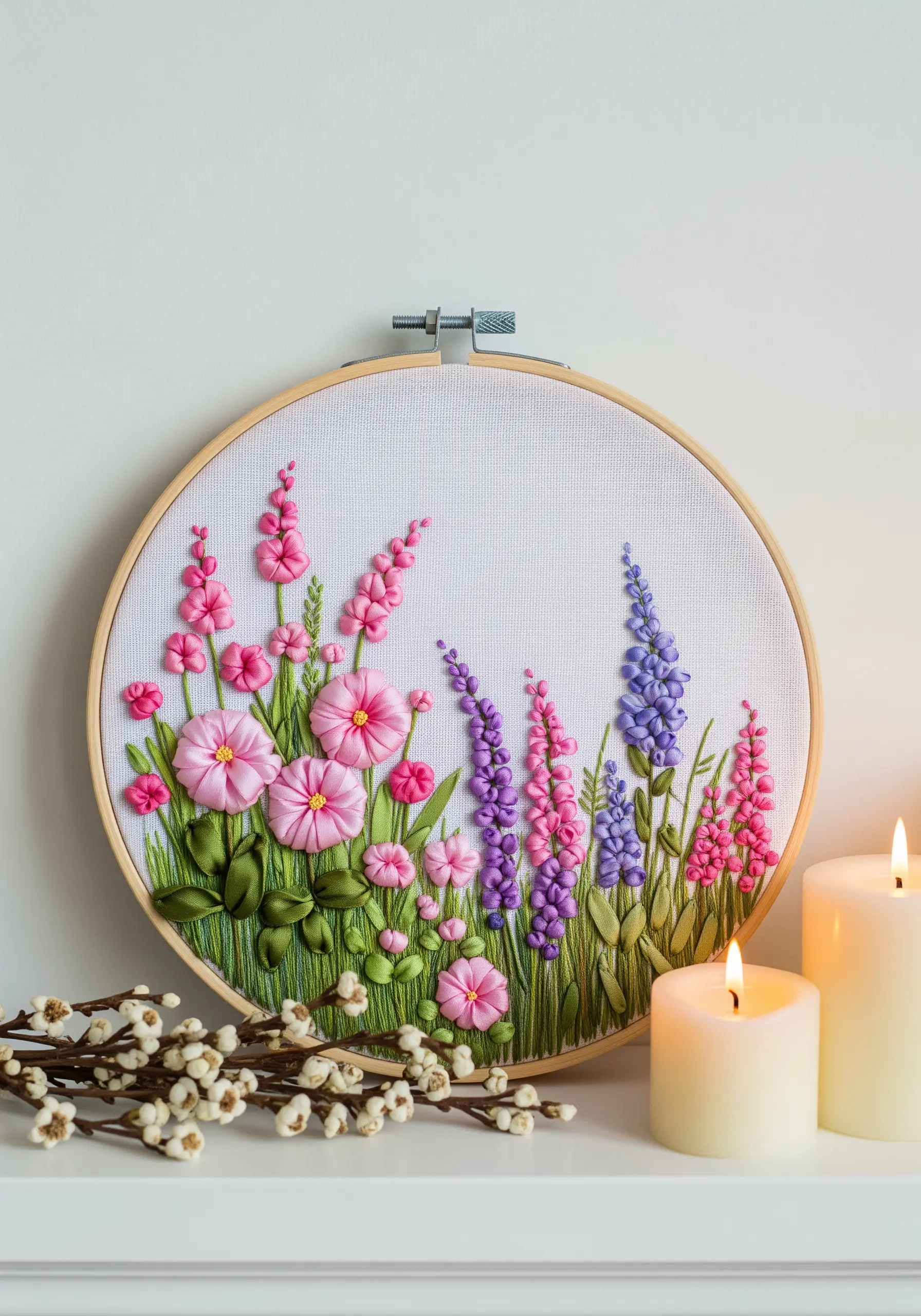 A floral embroidery hoop filled with pink and purple flowers made from silk ribbon.