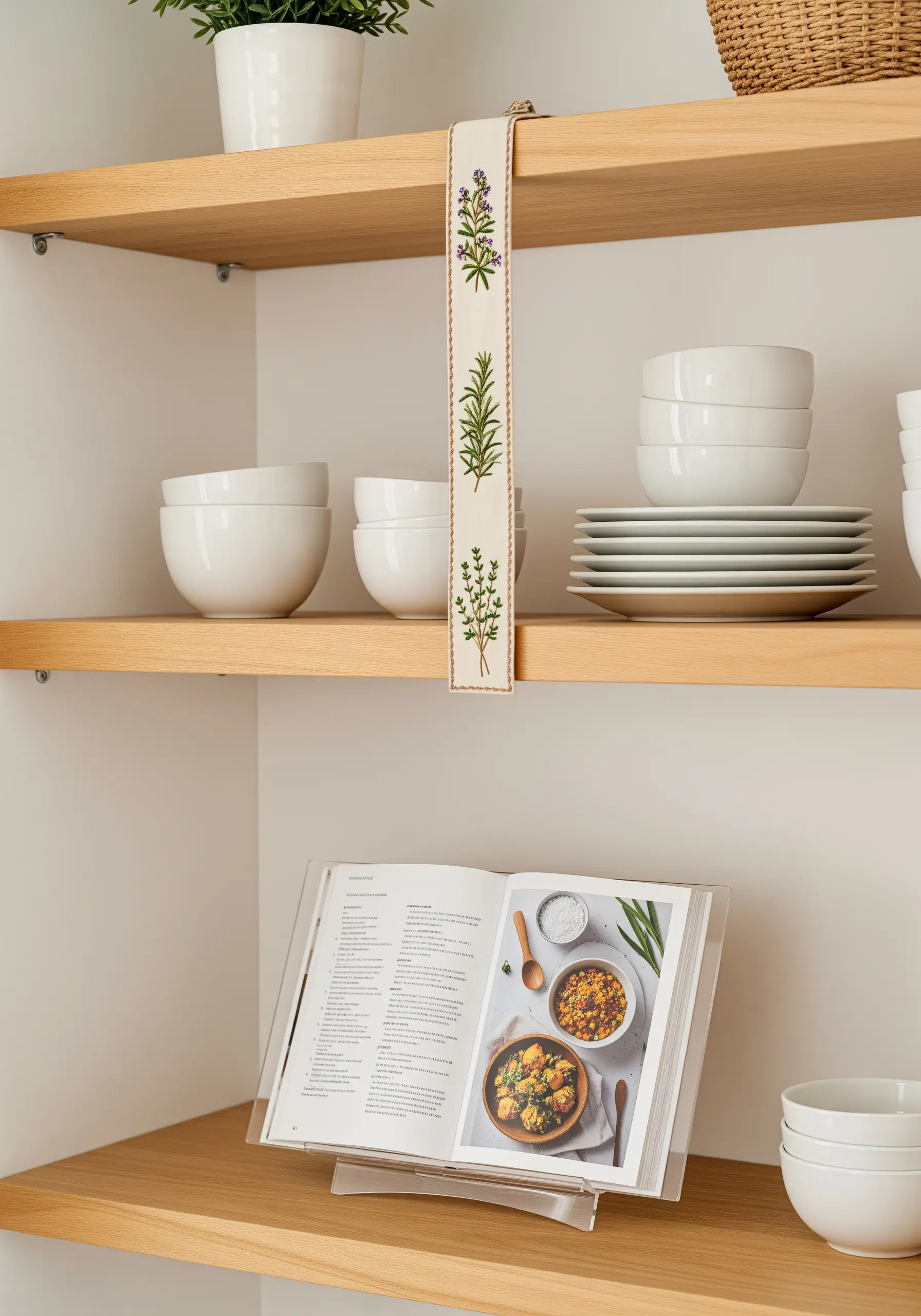A long, cream-colored fabric bookmark embroidered with herbs, draped over a kitchen shelf.