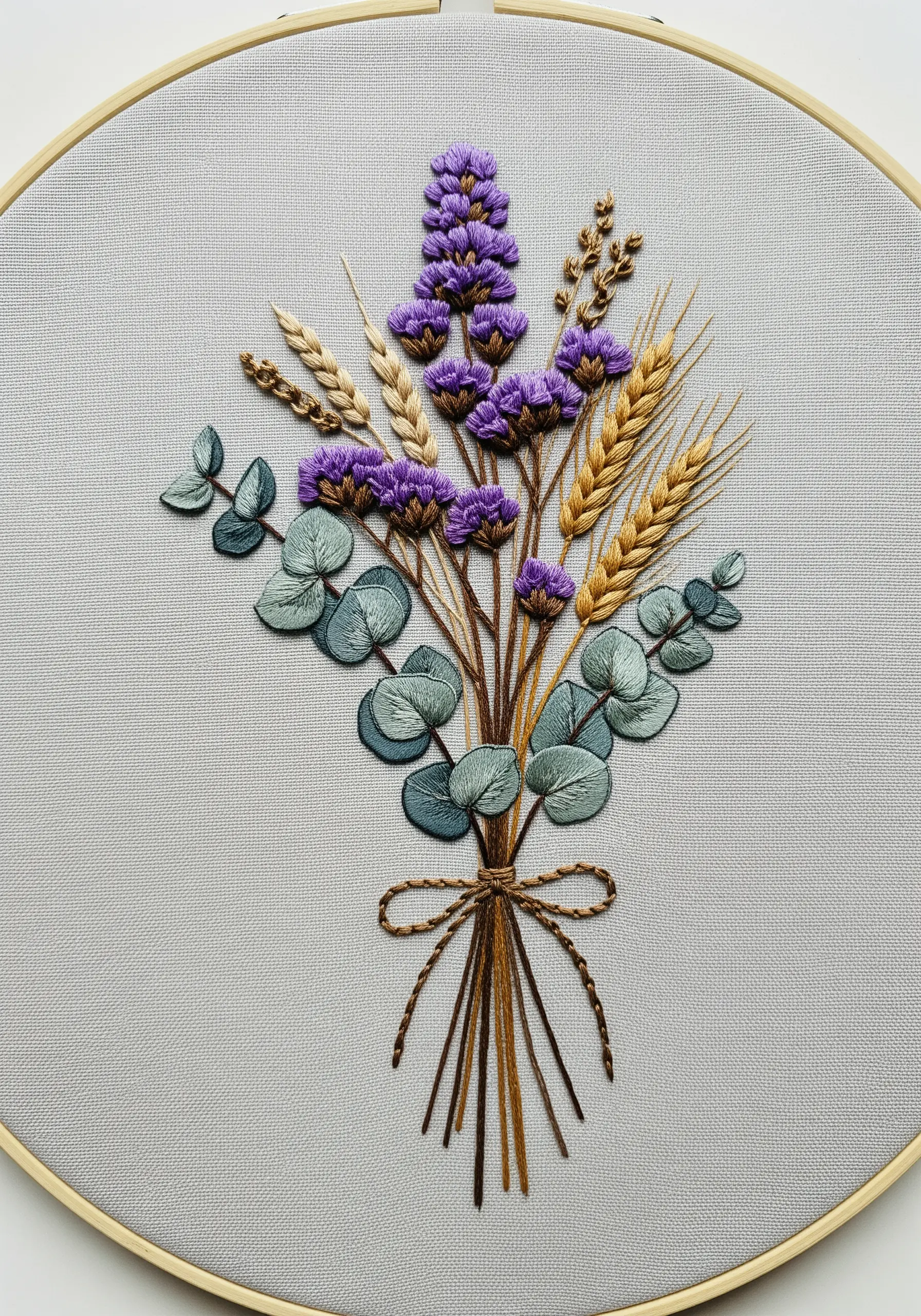 An embroidered bouquet of dried lavender, wheat, and eucalyptus in muted tones.