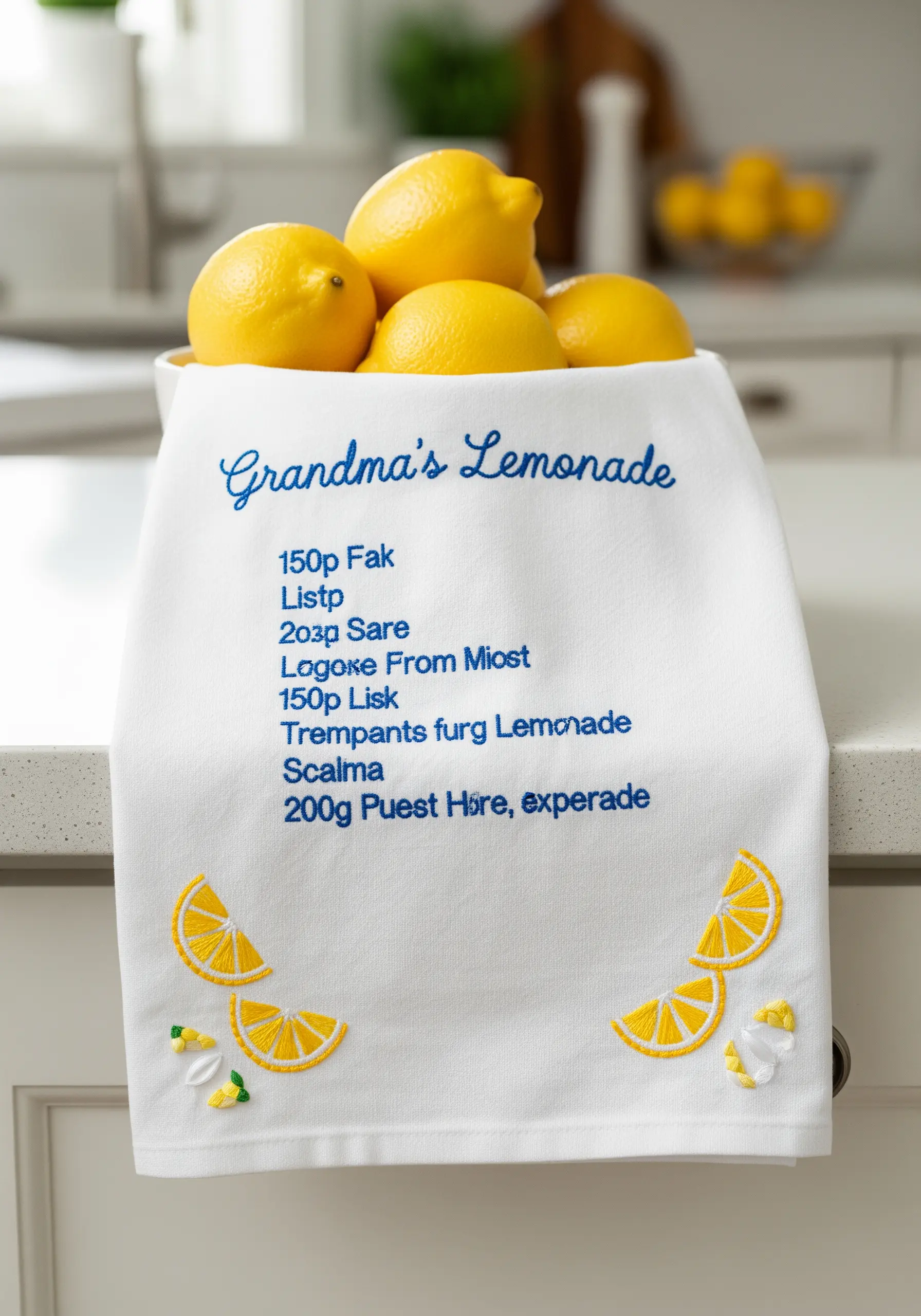 A white tea towel embroidered with a handwritten lemonade recipe and lemon slice motifs.