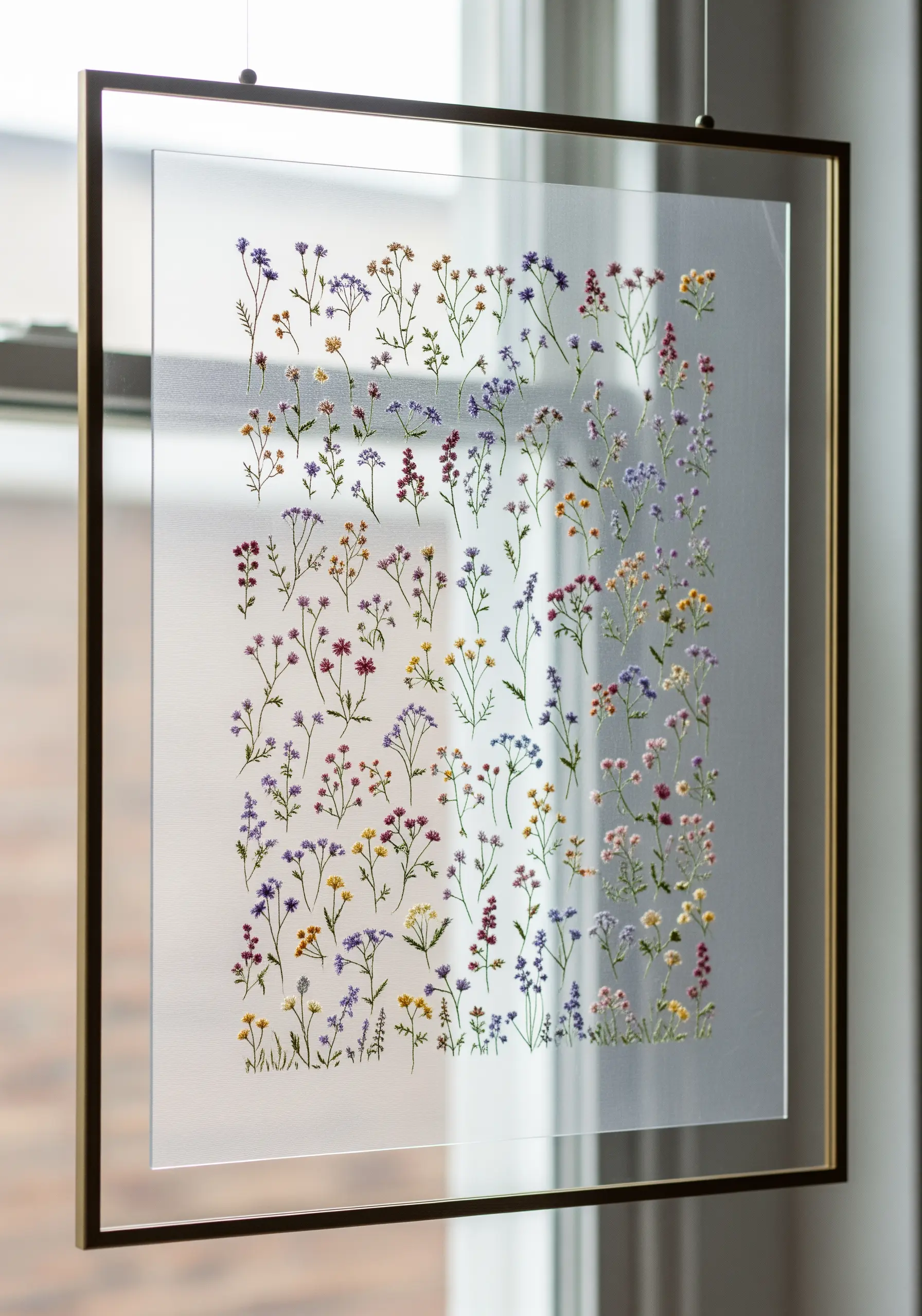 Tiny wildflowers embroidered on sheer fabric, displayed in a floating glass frame.