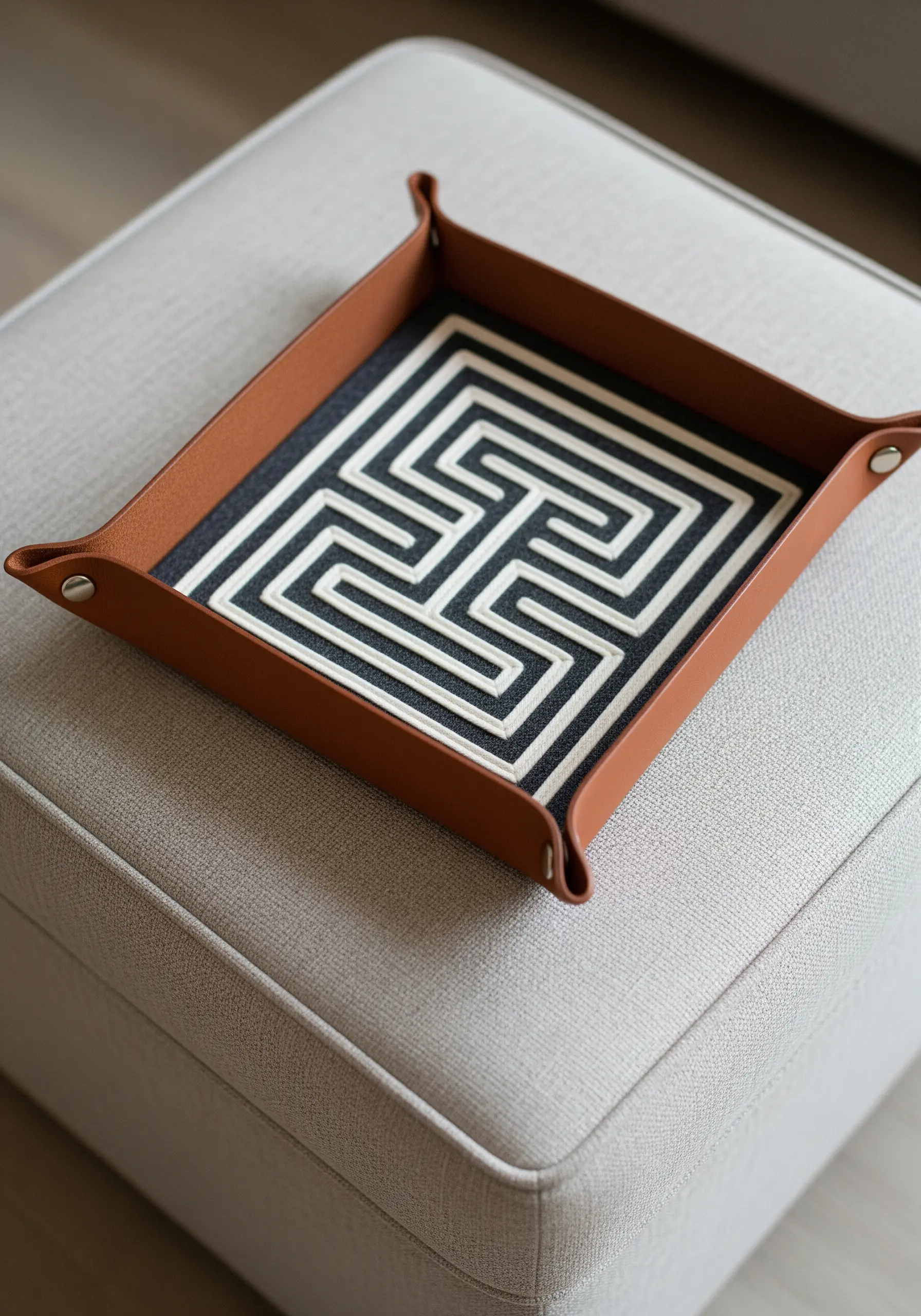 High-contrast geometric maze embroidered in a leather valet tray.