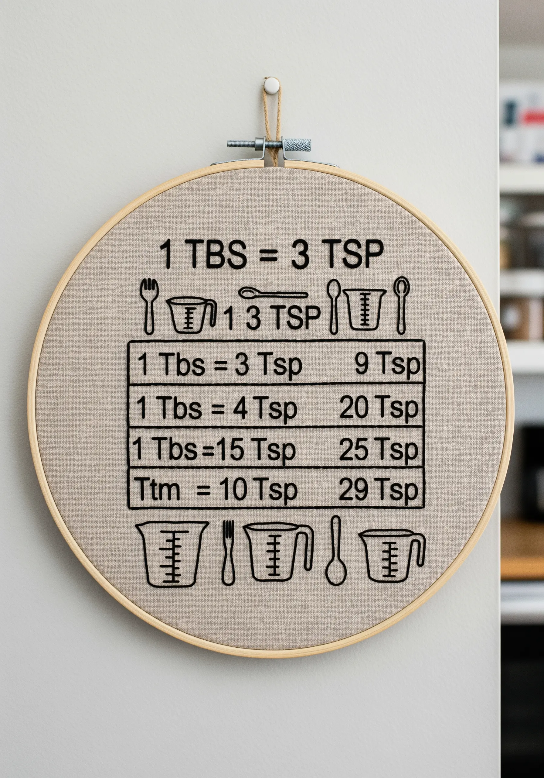 An embroidery hoop displaying a kitchen measurement conversion chart, stitched in black.