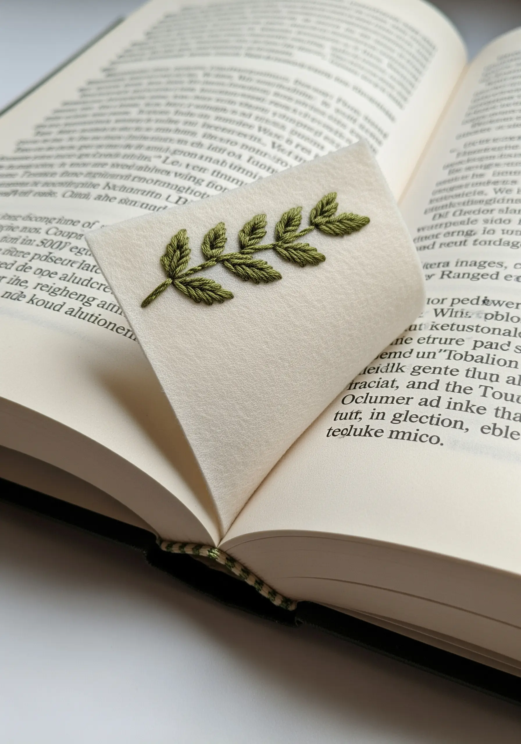 A leafy green branch embroidered on a felt corner bookmark placed inside a book.
