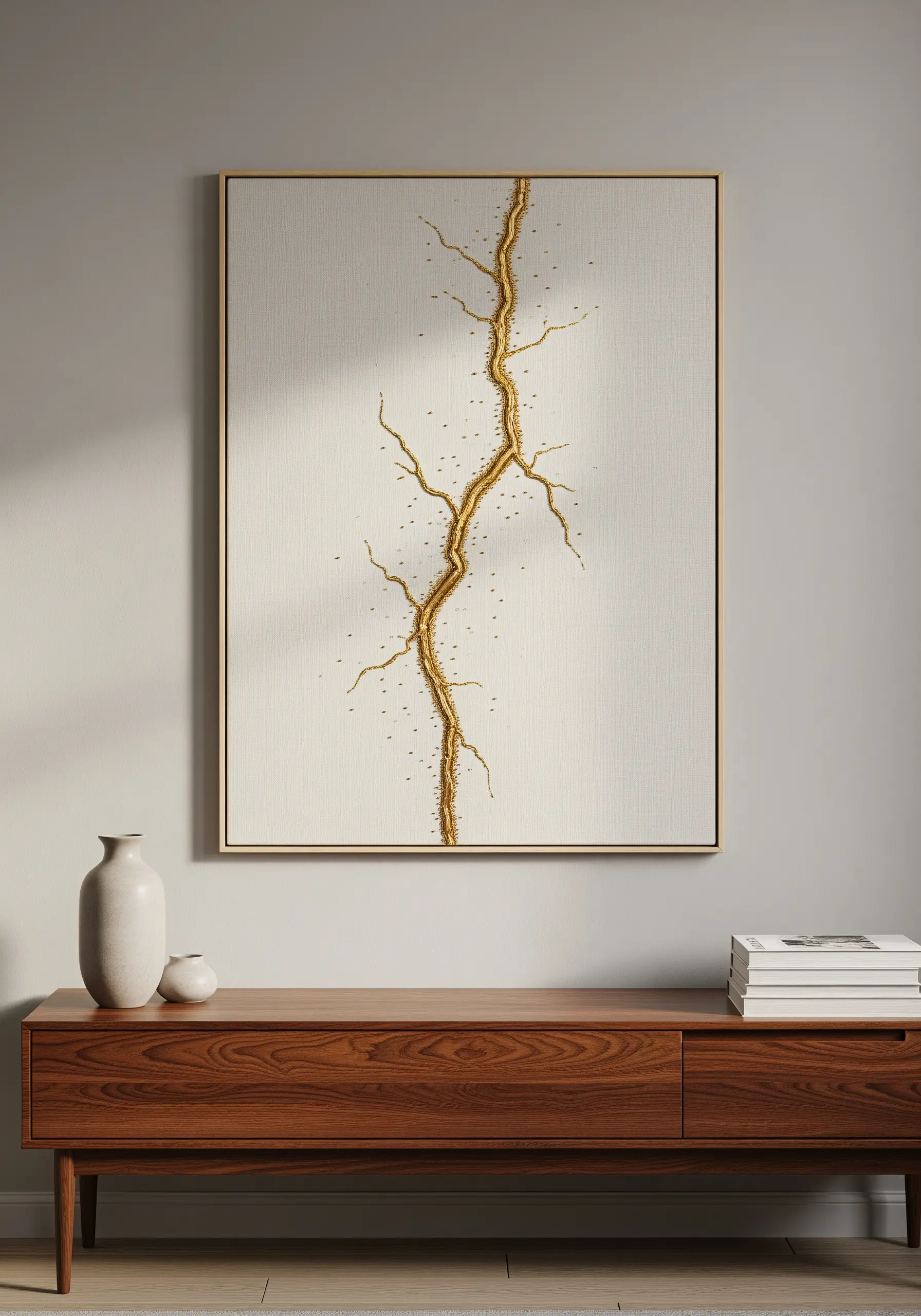 Large-scale framed embroidery of a golden crack on off-white fabric, resembling Kintsugi art.