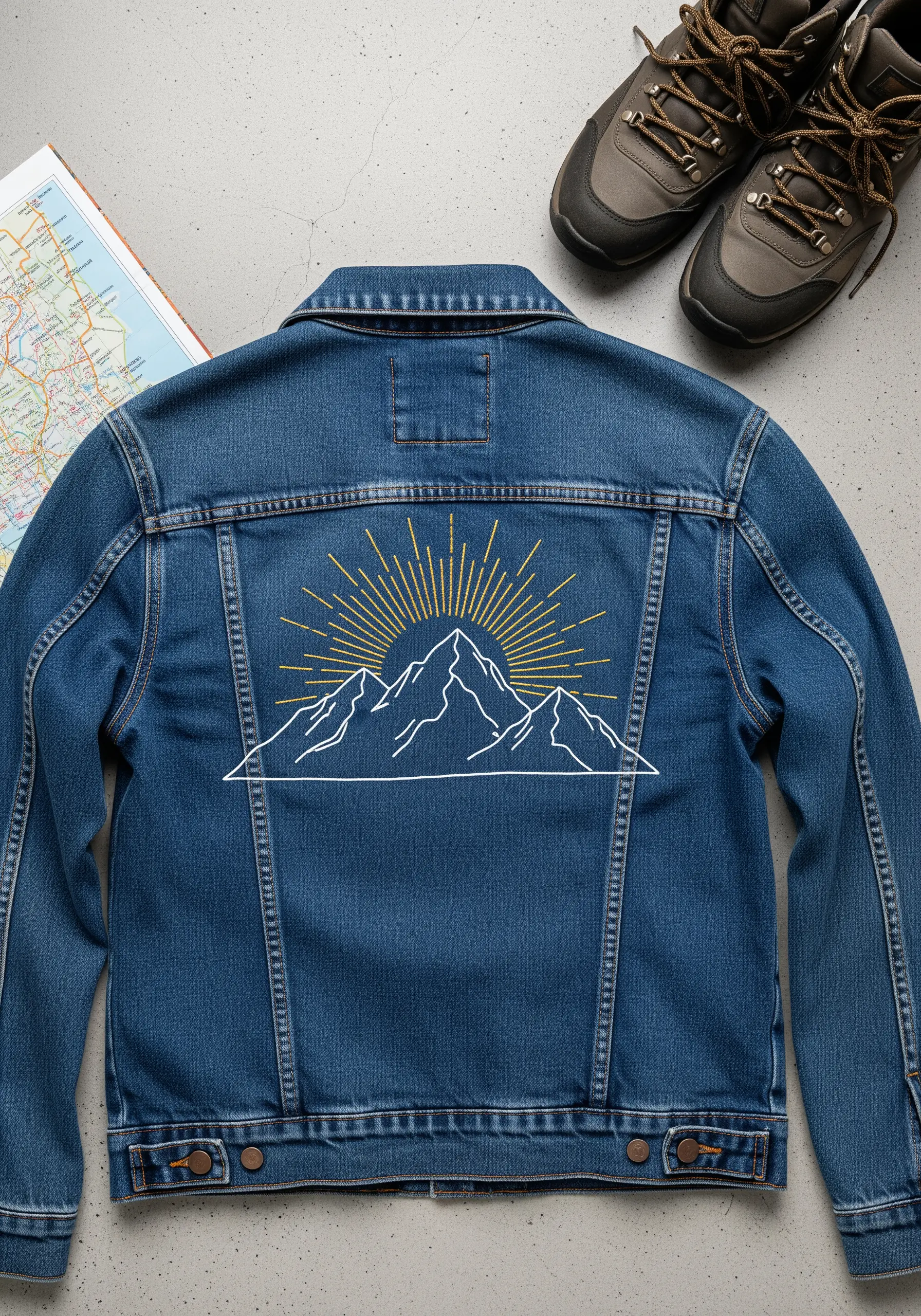 Minimalist line art of mountains and a sunburst embroidered on the back of a denim jacket.