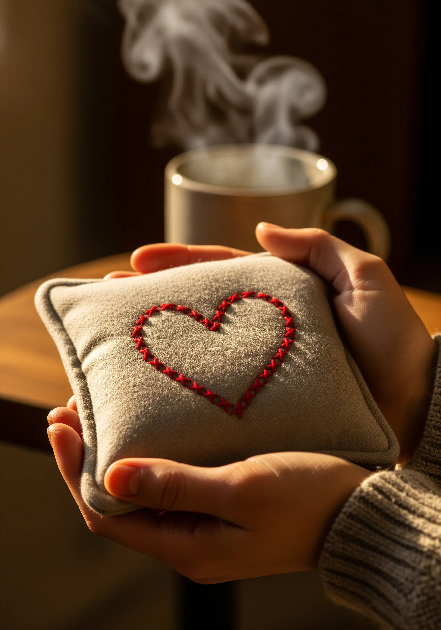 Hands holding a small, gray flannel pouch with a simple red embroidered heart.