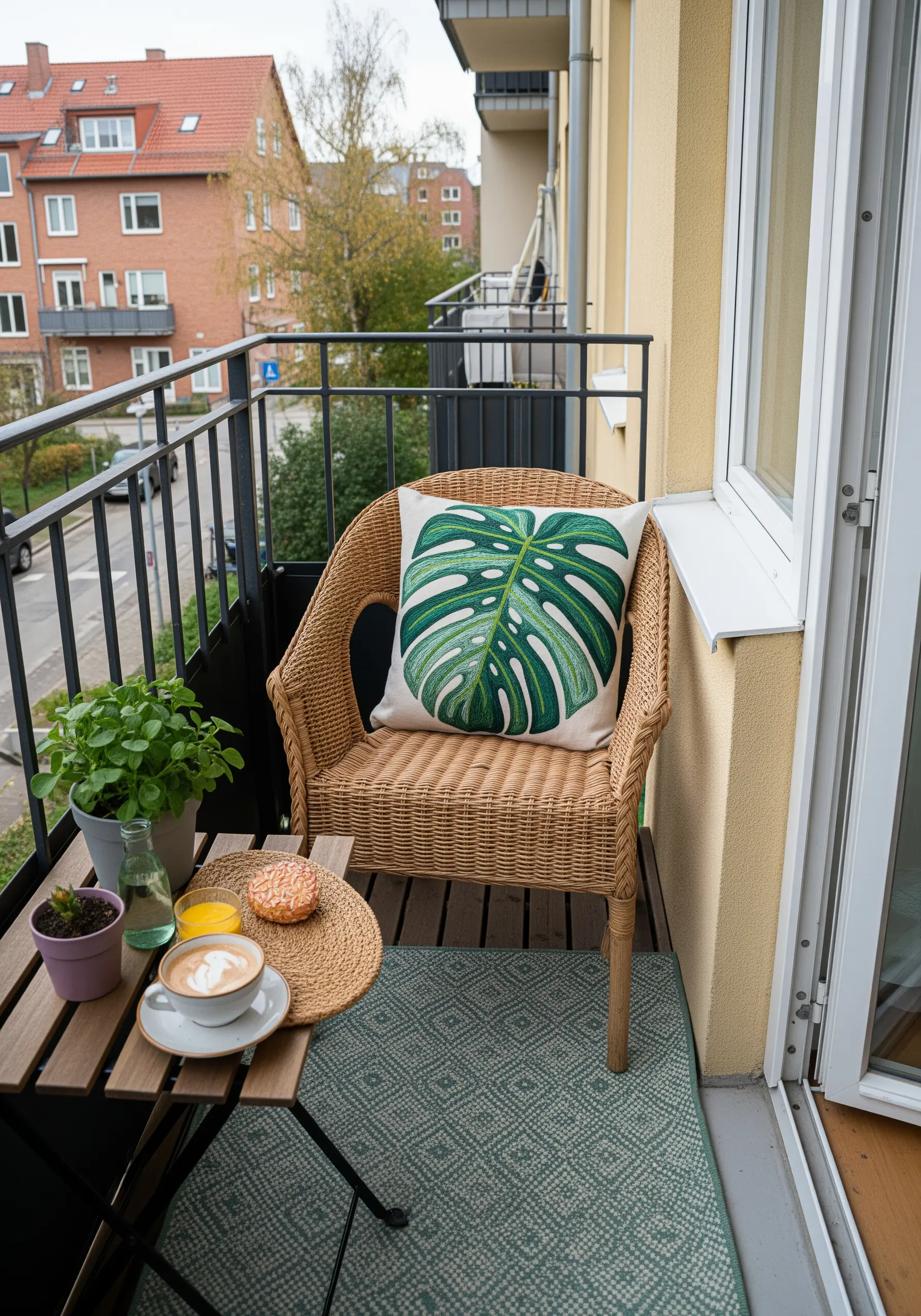 A white pillow with a large, embroidered Monstera leaf in shades of green.