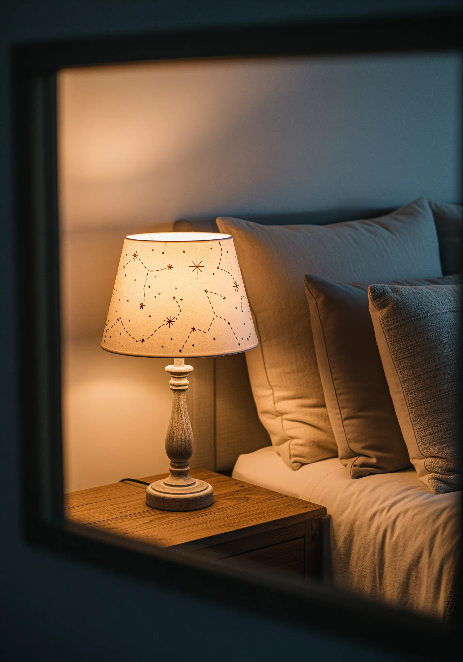A fabric lampshade embroidered with delicate star and constellation patterns.