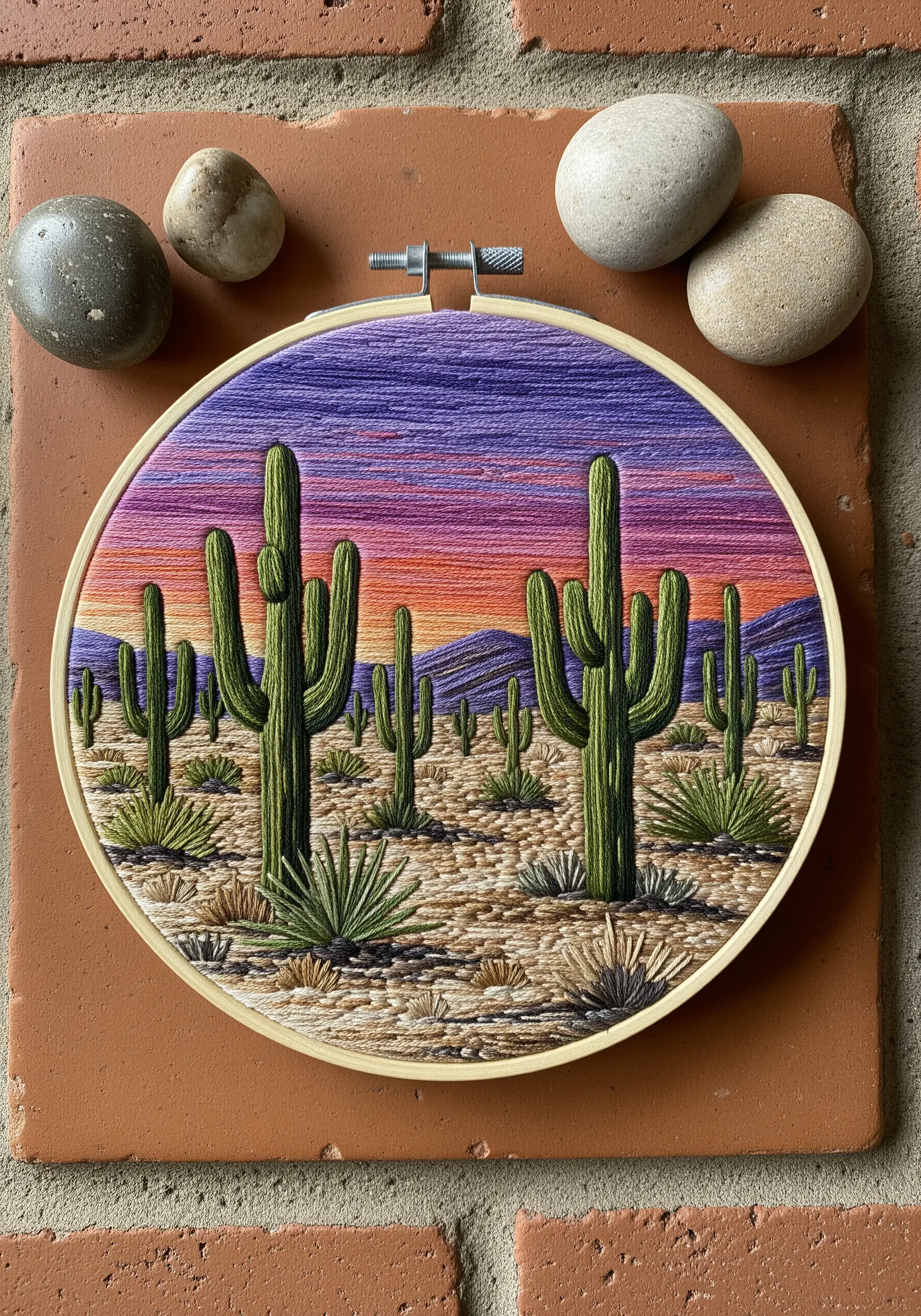 A full-coverage desert landscape embroidery with saguaro cacti and a purple sunset.