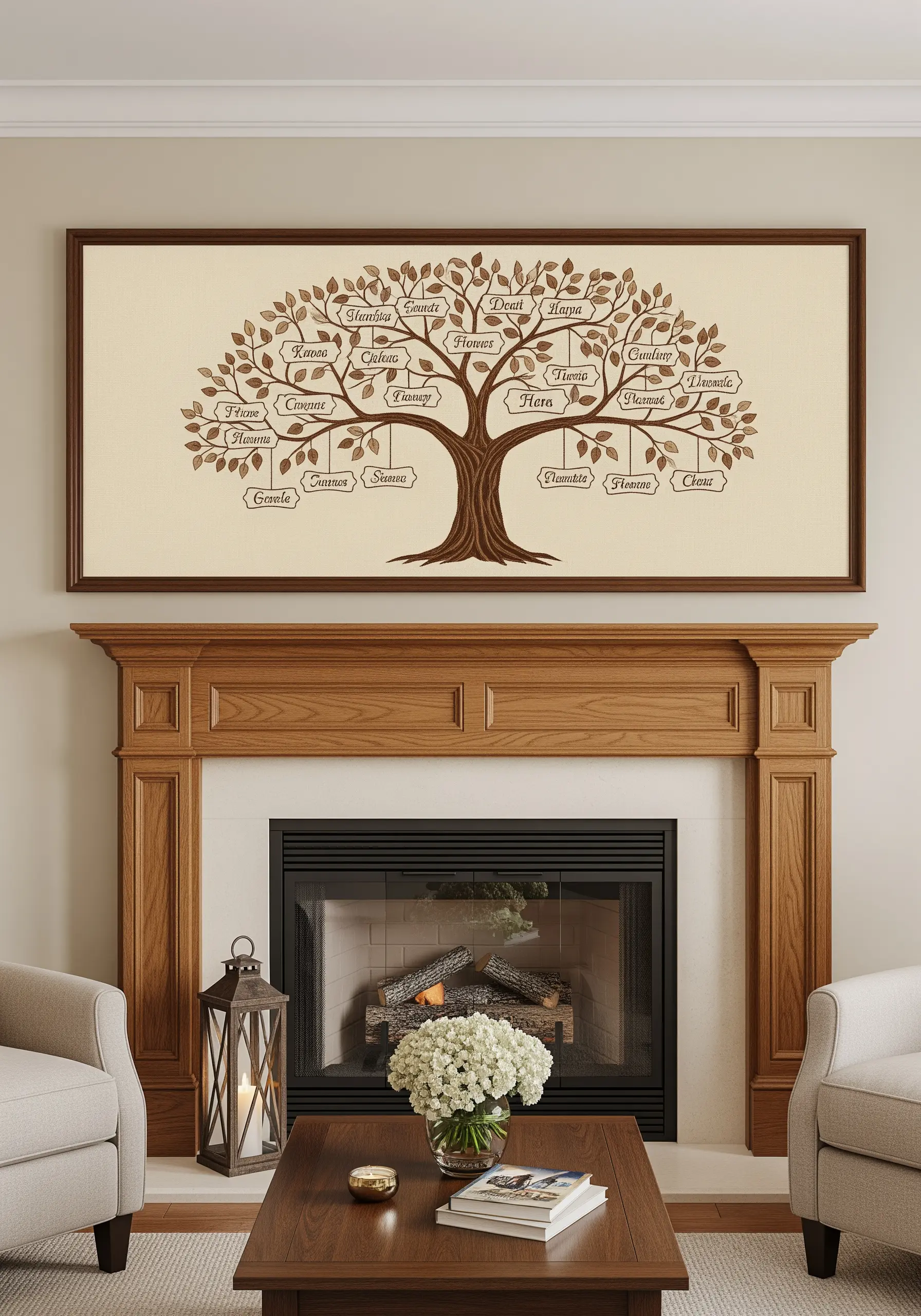 A large framed embroidery of a family tree with names on leaves, hanging above a fireplace.