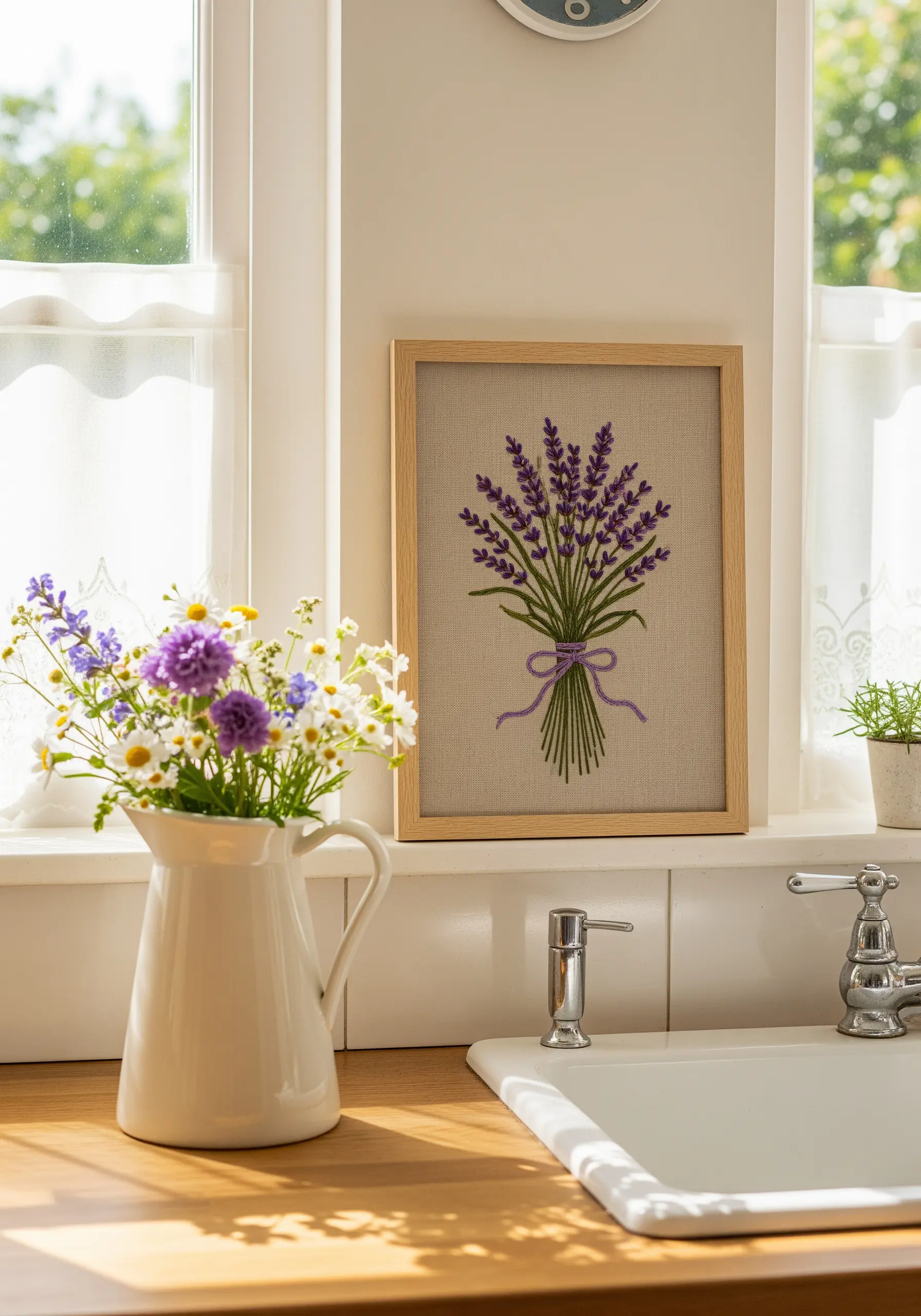 Framed embroidery of a lavender bouquet tied with a purple bow on a kitchen counter.
