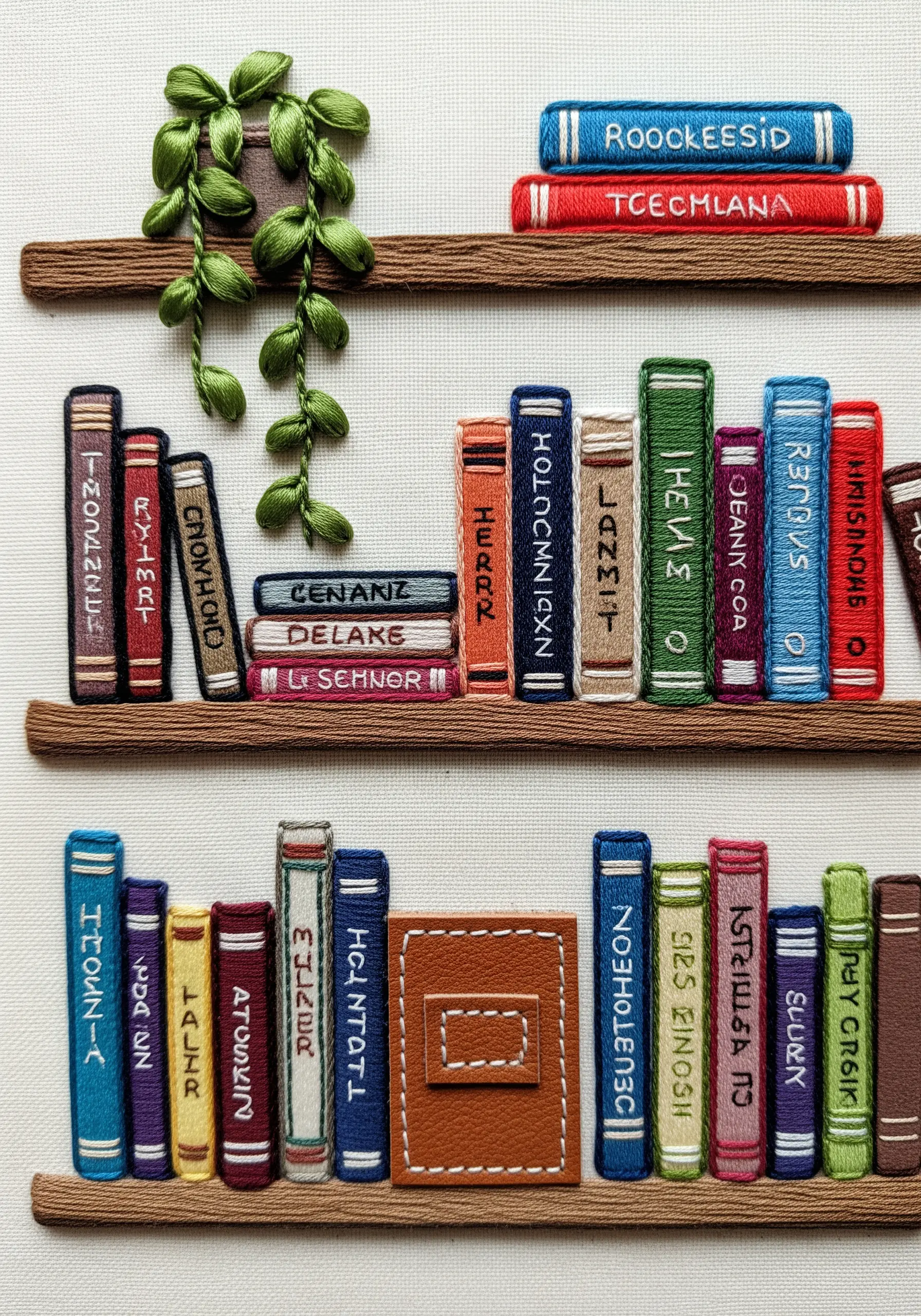 Embroidered bookshelf with satin stitch books, a faux leather appliqué book, and a ribbon plant.