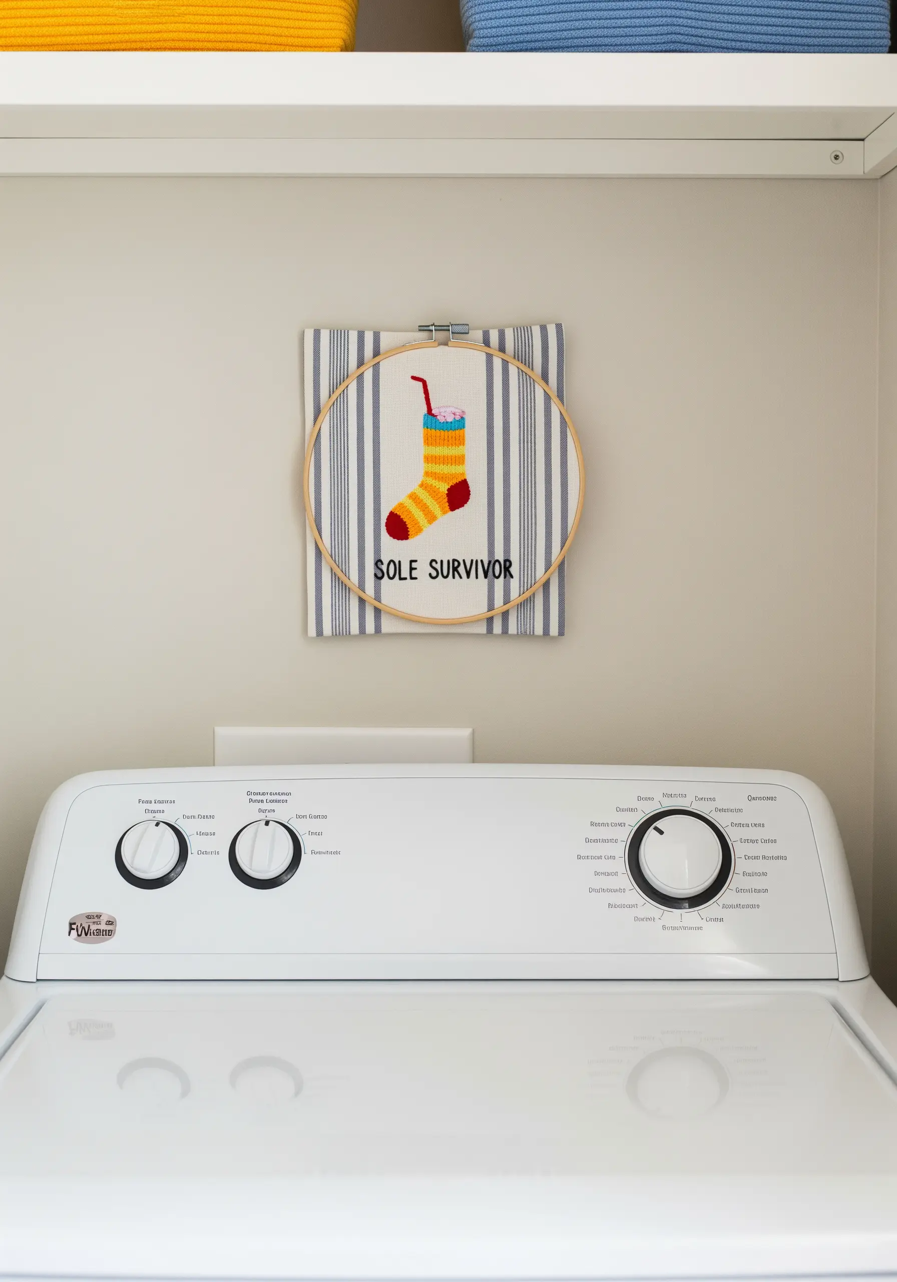 A small embroidery hoop with a single colorful sock and the text 'Sole Survivor' above a washing machine.