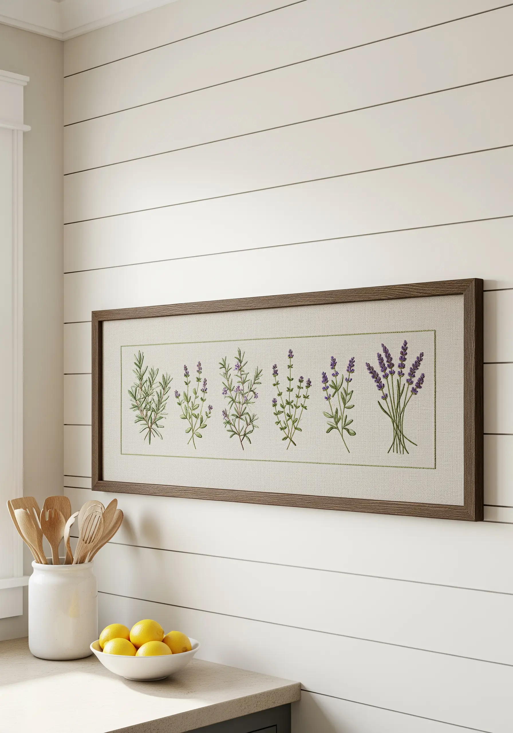 A long, framed embroidery piece with a lineup of various stitched herbs like rosemary and lavender.