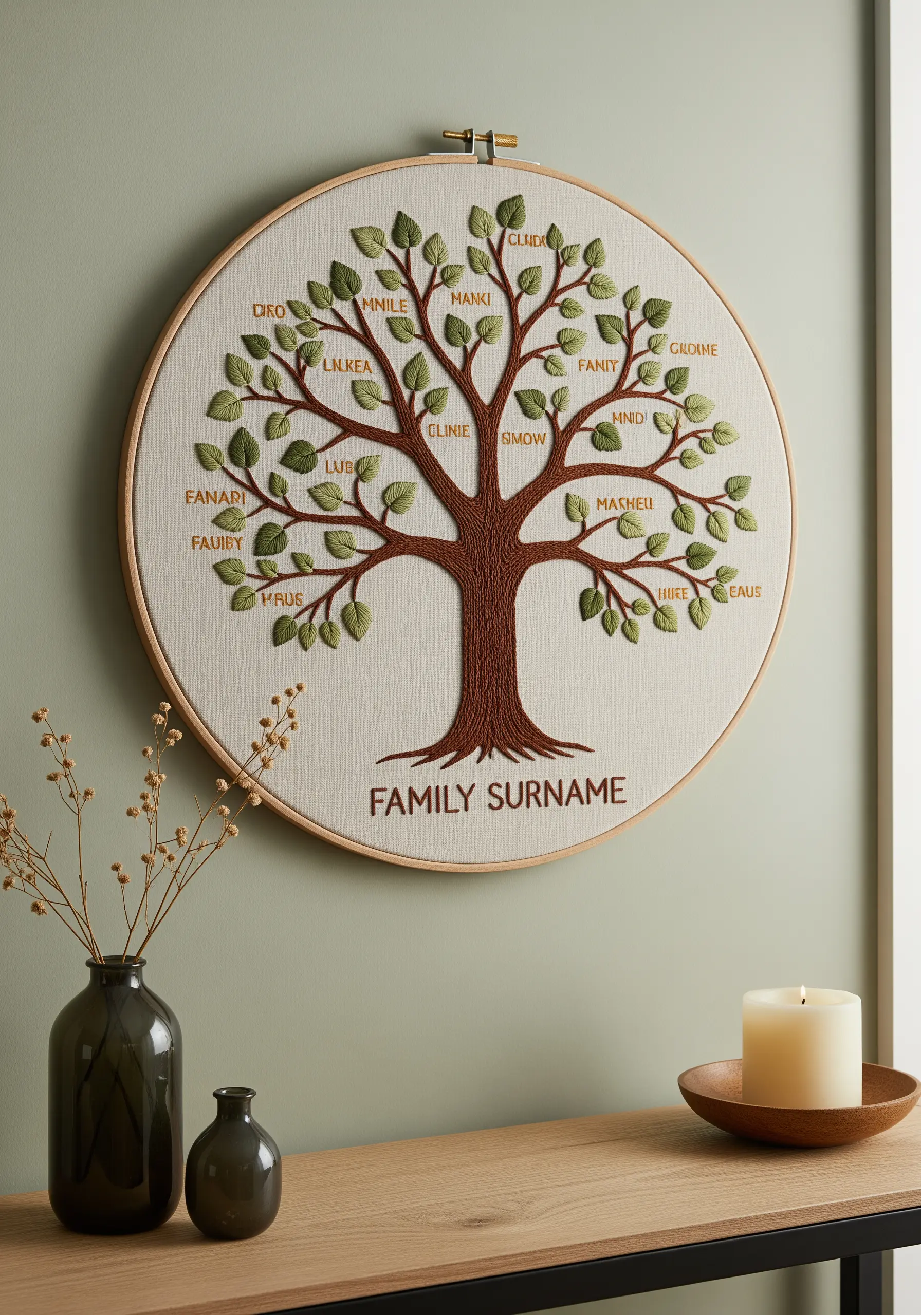 Embroidered family tree with names on leaves in a large wooden hoop.