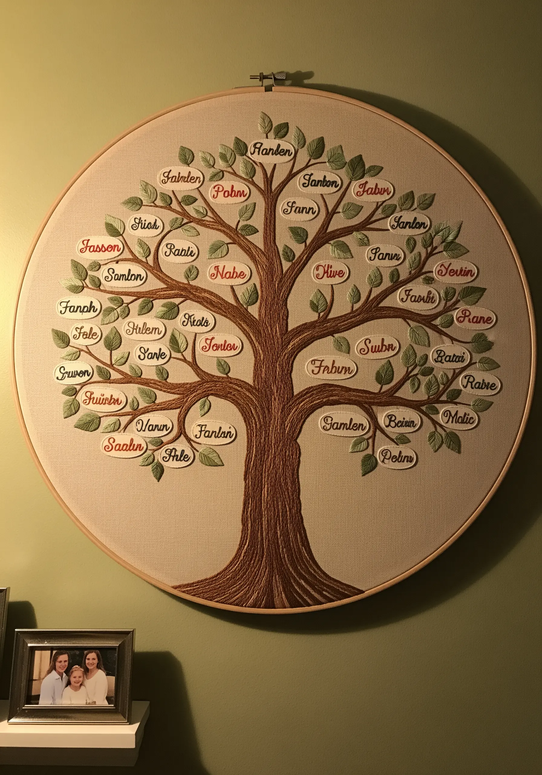An embroidered family tree in a large hoop with 3D appliqué name labels on the leaves.