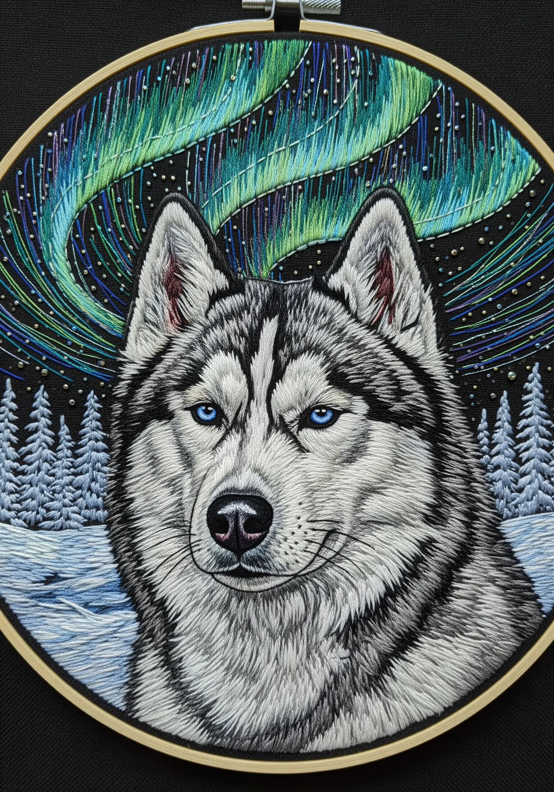 Embroidered portrait of a Siberian husky with blue eyes against a backdrop of the Northern Lights.