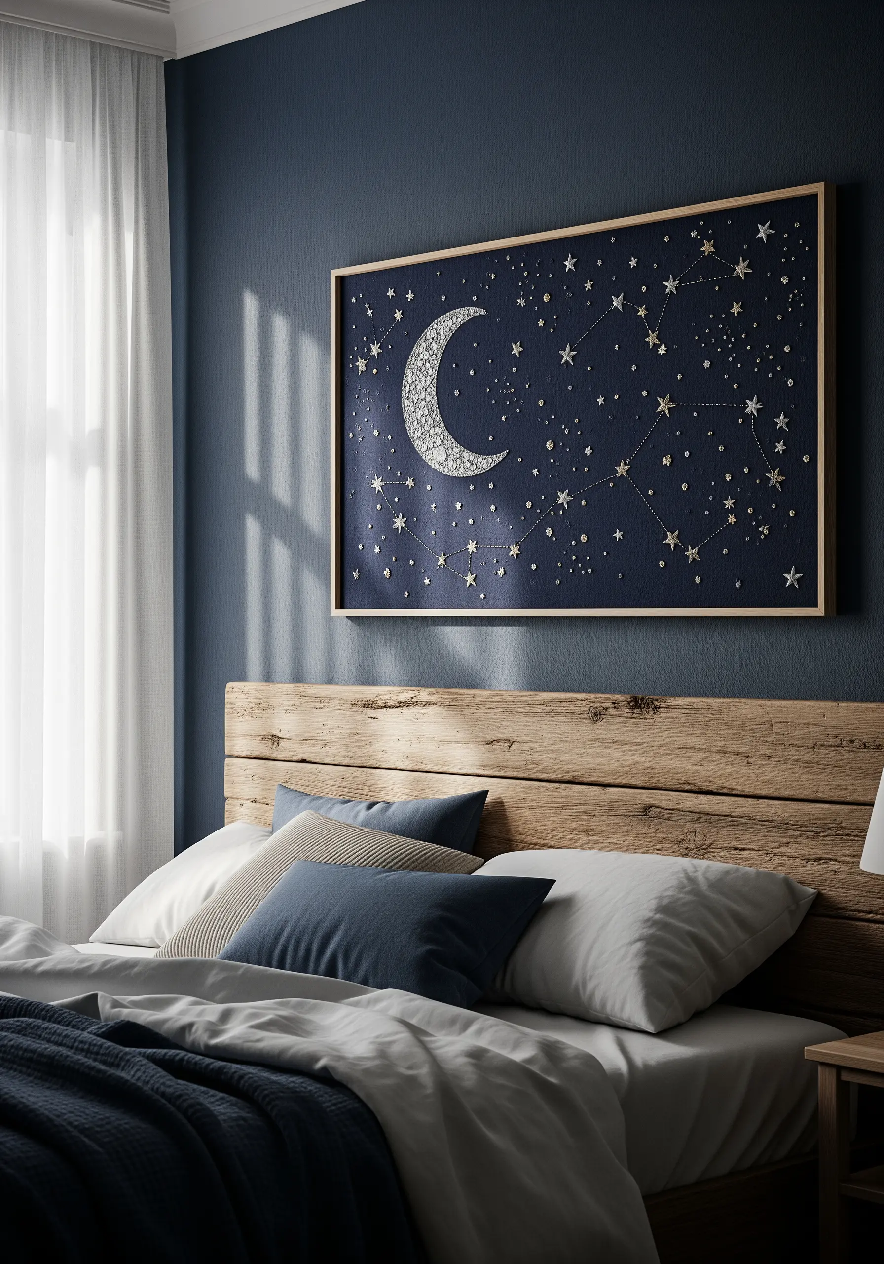 Large framed embroidery of a crescent moon and constellations on a dark blue wall above a bed.