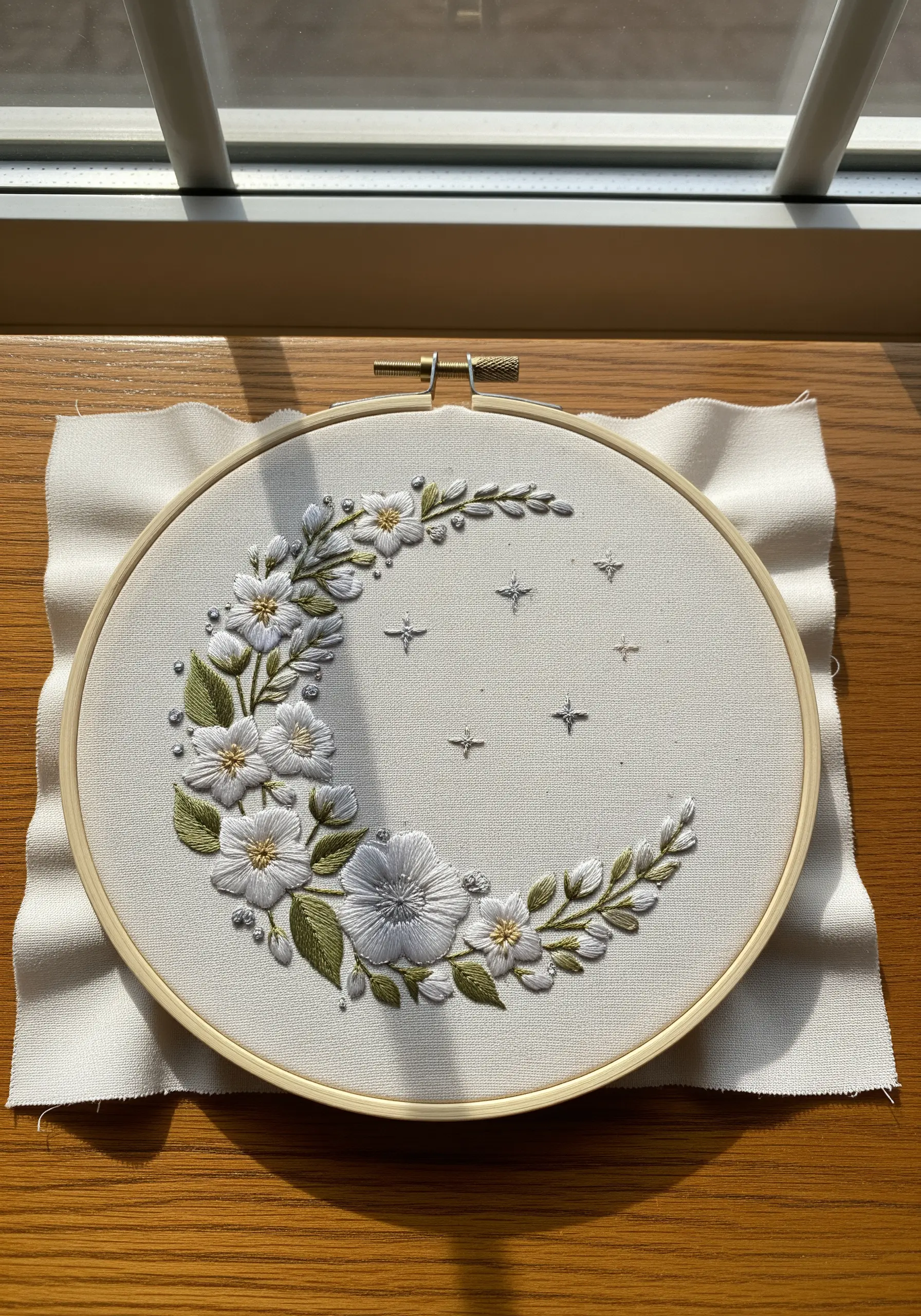 A crescent moon made of embroidered white and silver flowers with green leaves.
