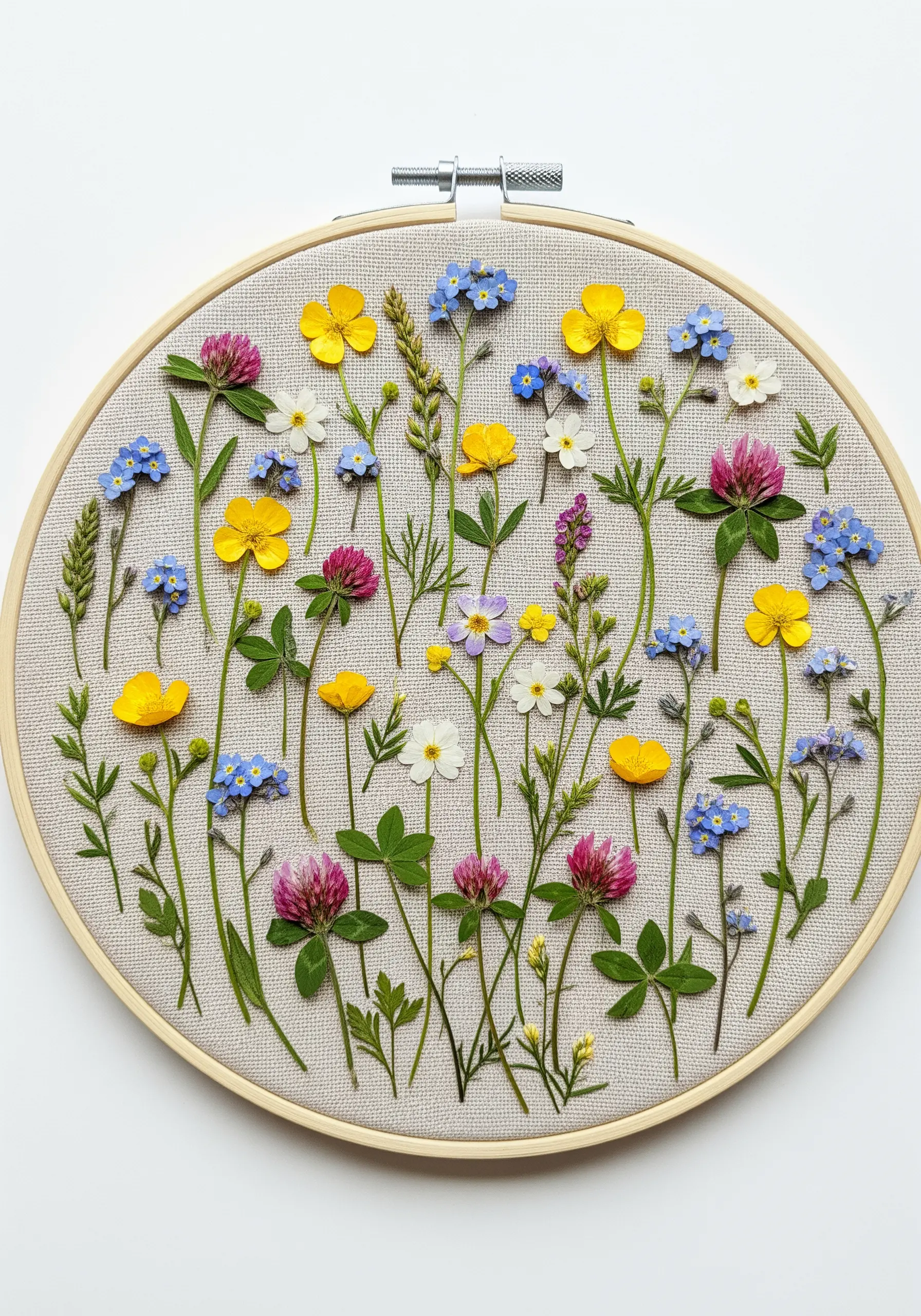 Pressed wildflowers and embroidered stems creating a meadow scene.