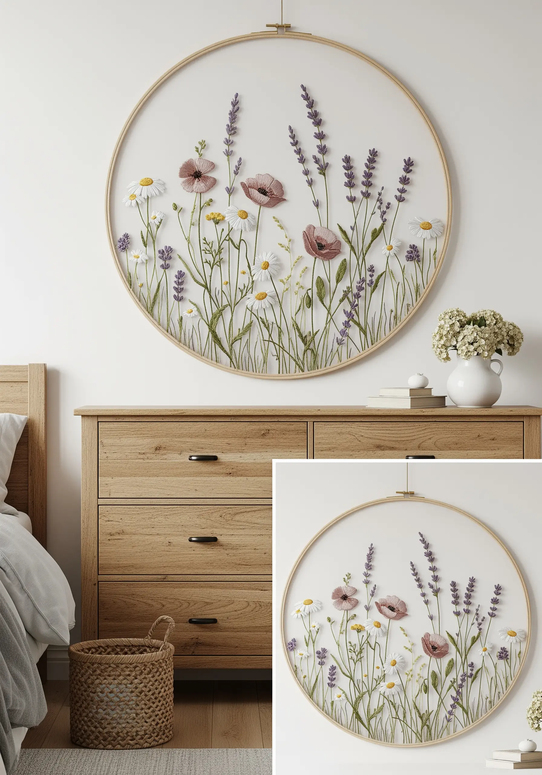 Large embroidery hoop with wildflowers stitched on sheer fabric, creating a floating effect