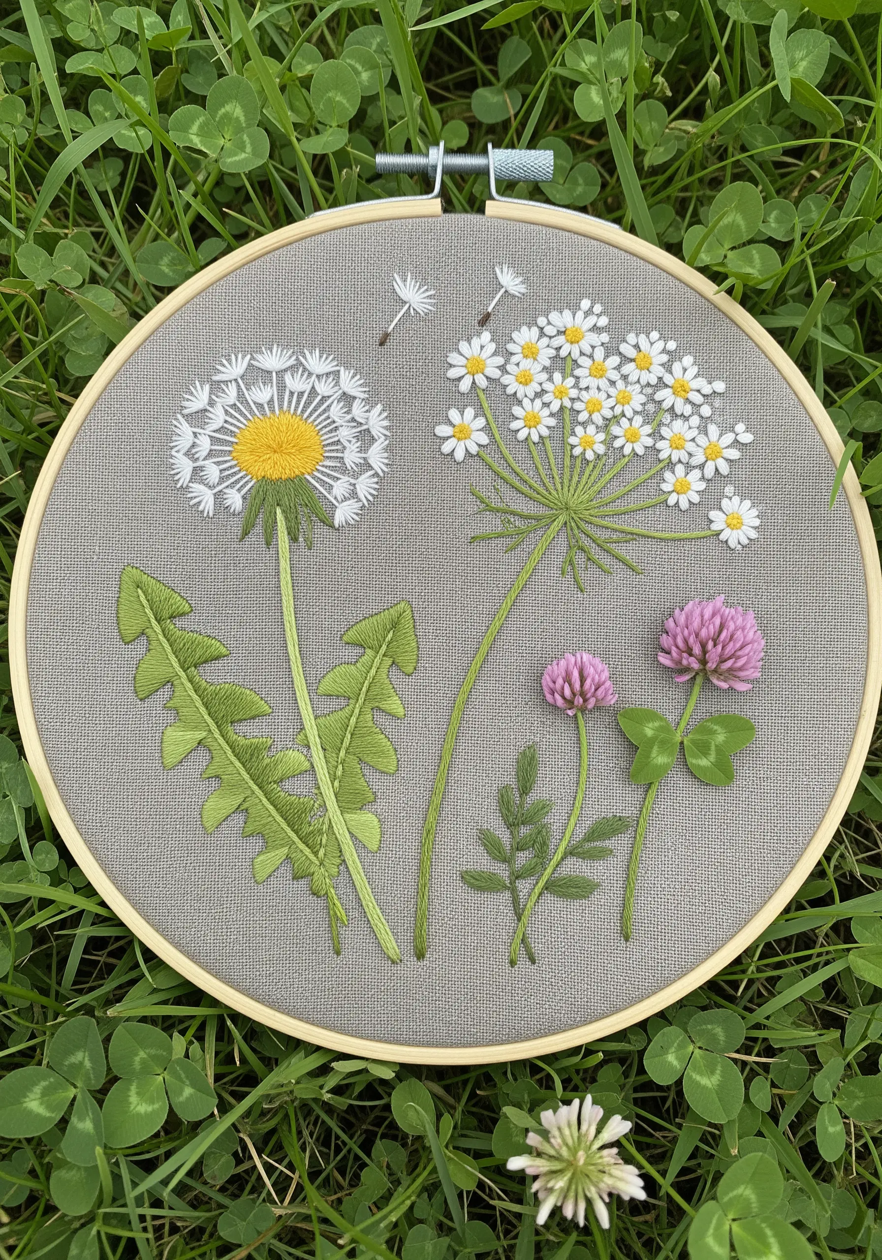 A wild meadow embroidery with a dandelion, Queen Anne's lace, and clover on grey fabric.
