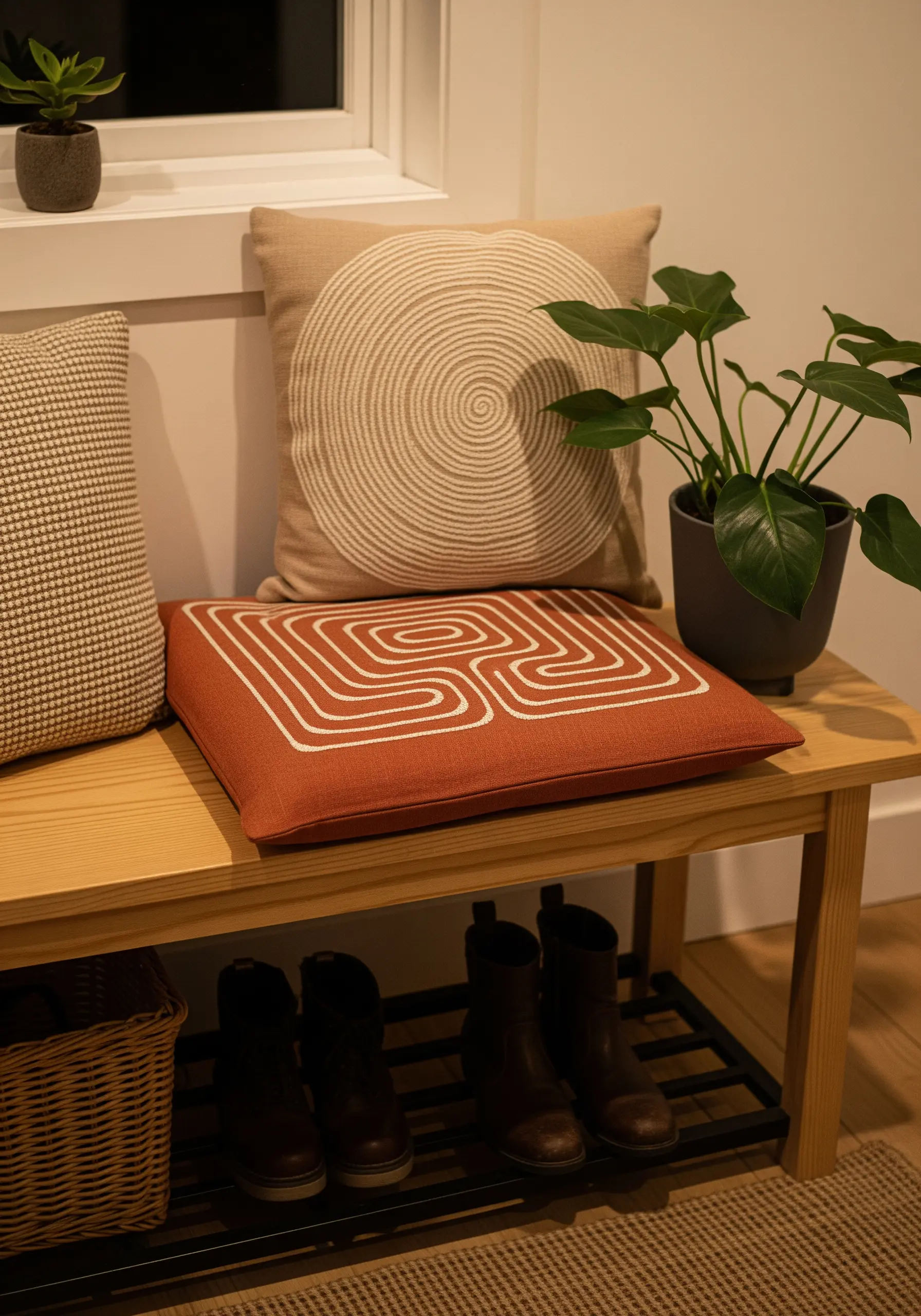 Pillows with stitched labyrinth and spiral patterns in white on neutral fabric.