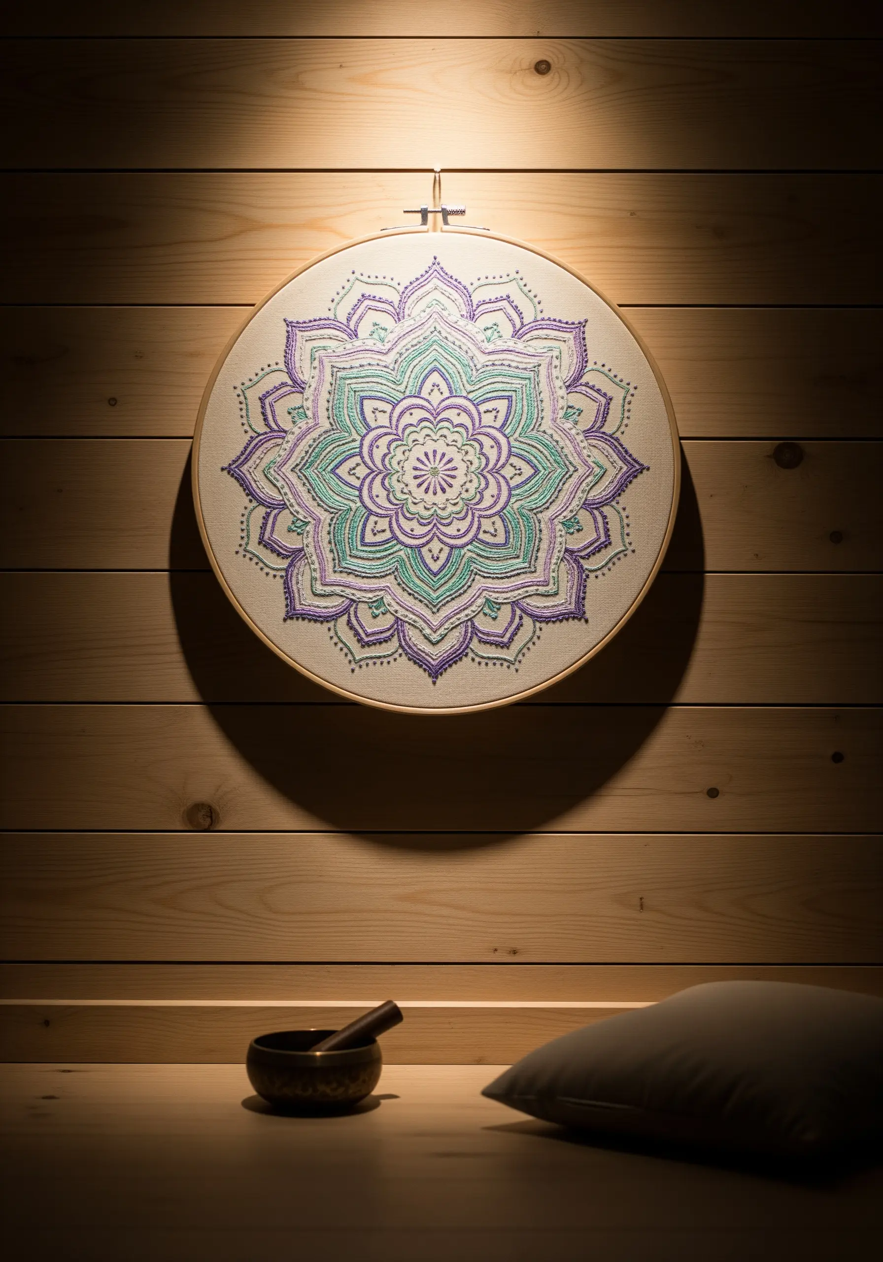 A large, intricate mandala embroidered in purple, teal, and green, spotlit on a wooden wall.