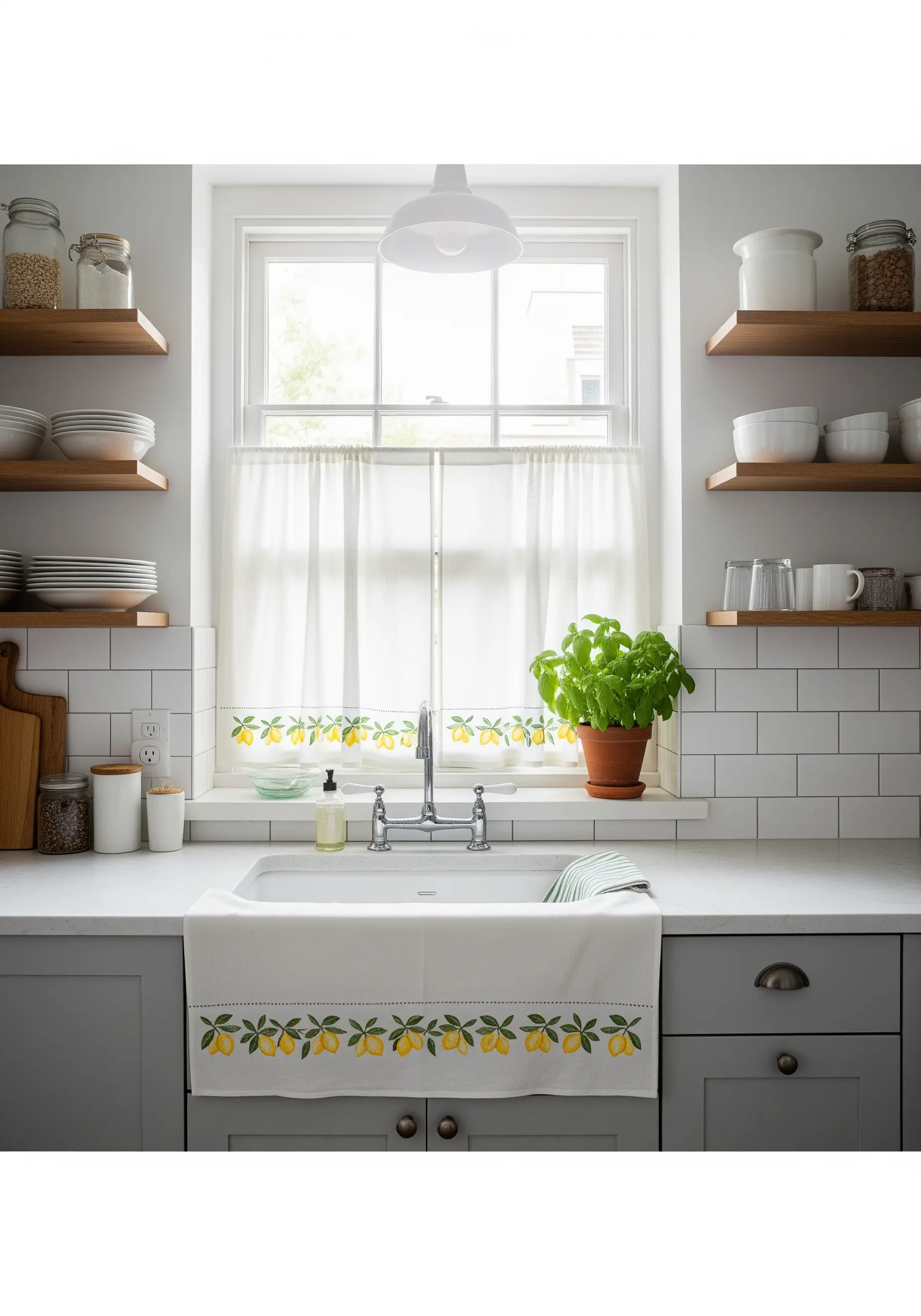 A clean, embroidered border of lemons and leaves on a white kitchen curtain.