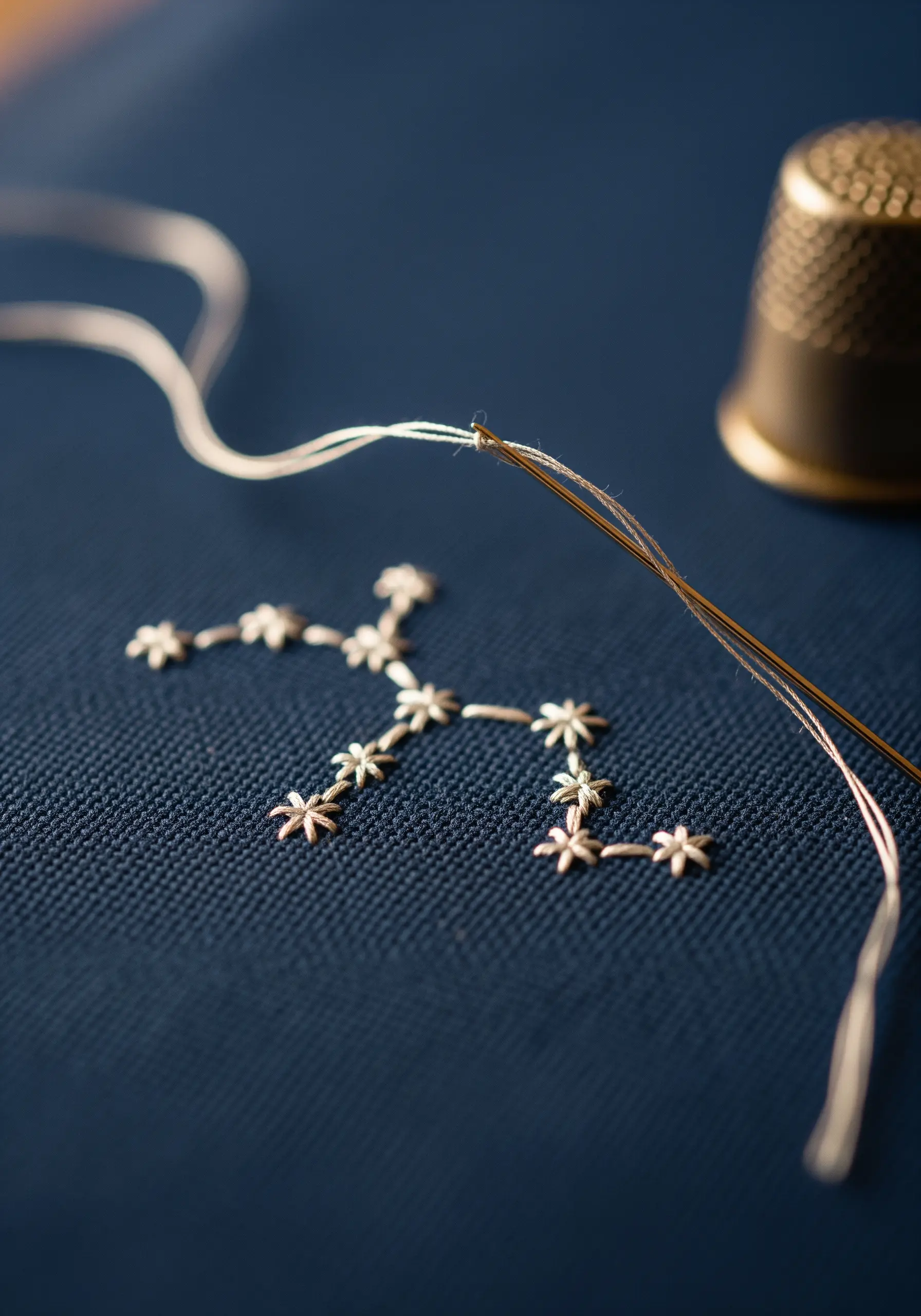 Delicate star stitches forming a constellation on dark blue fabric, with needle and thimble.