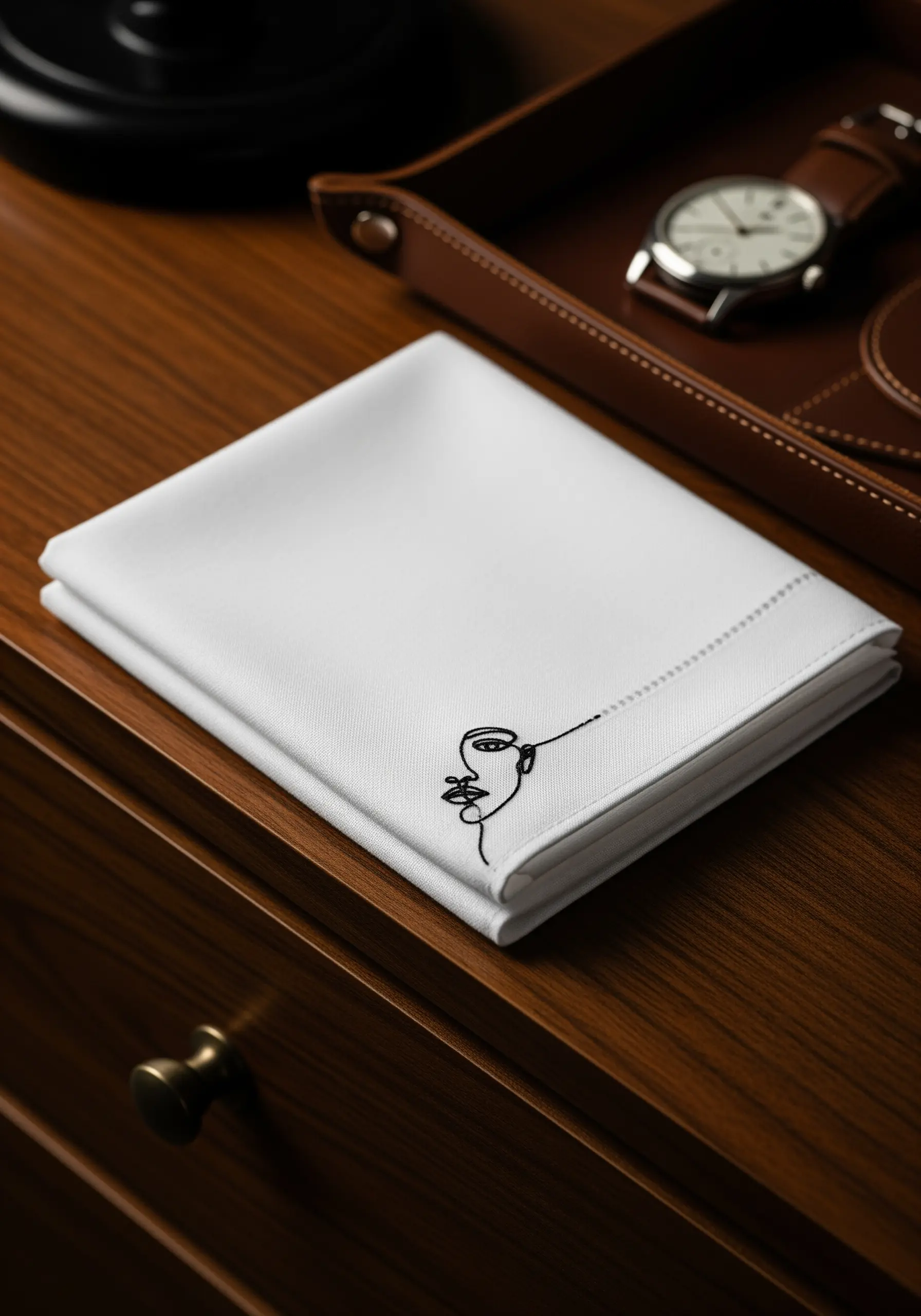A minimalist single-line art embroidery of a face and coffee cup on a white handkerchief.