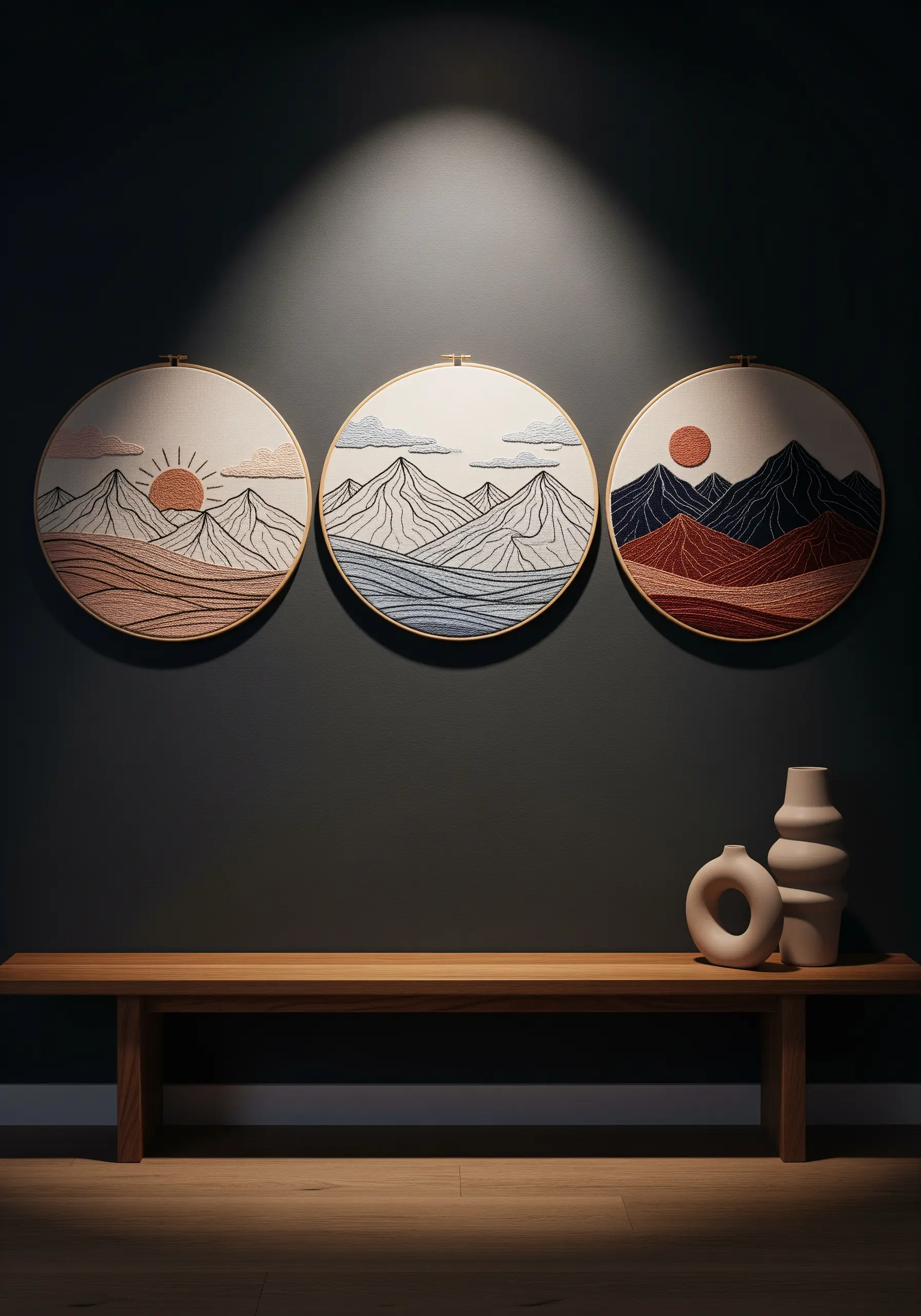 Triptych of three embroidery hoops showing minimalist mountain landscapes against a dark wall