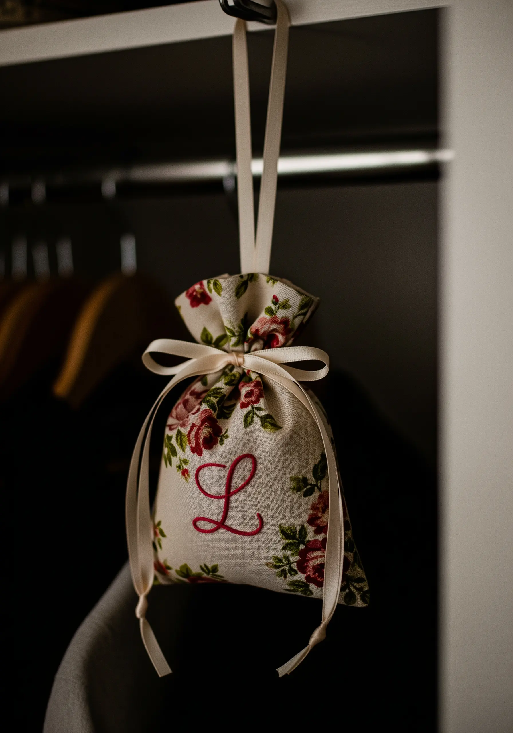 A floral fabric sachet hanging in a closet, embroidered with the letter 'L'.