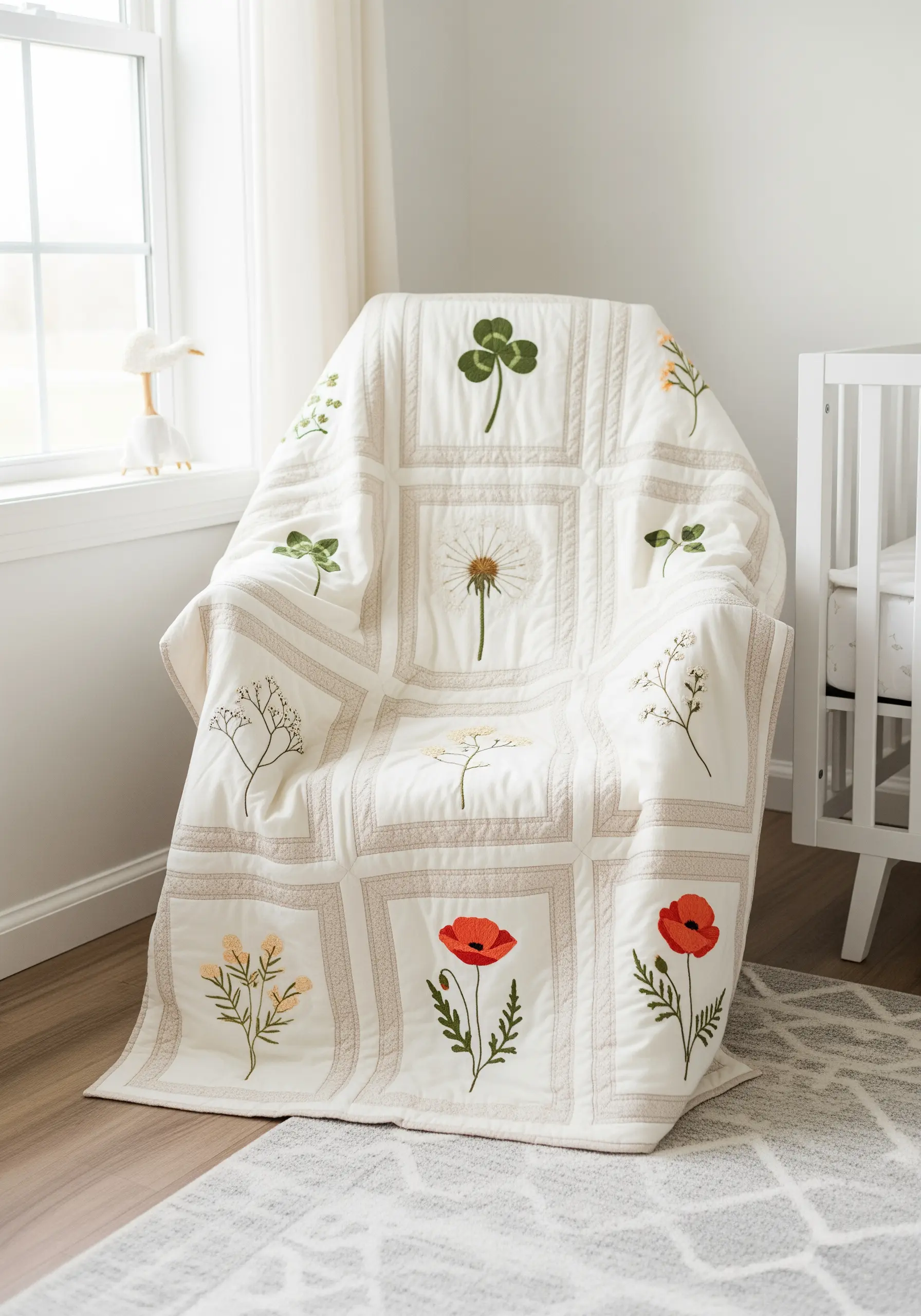 A cream-colored baby quilt with embroidered squares of various flowers and a clover.