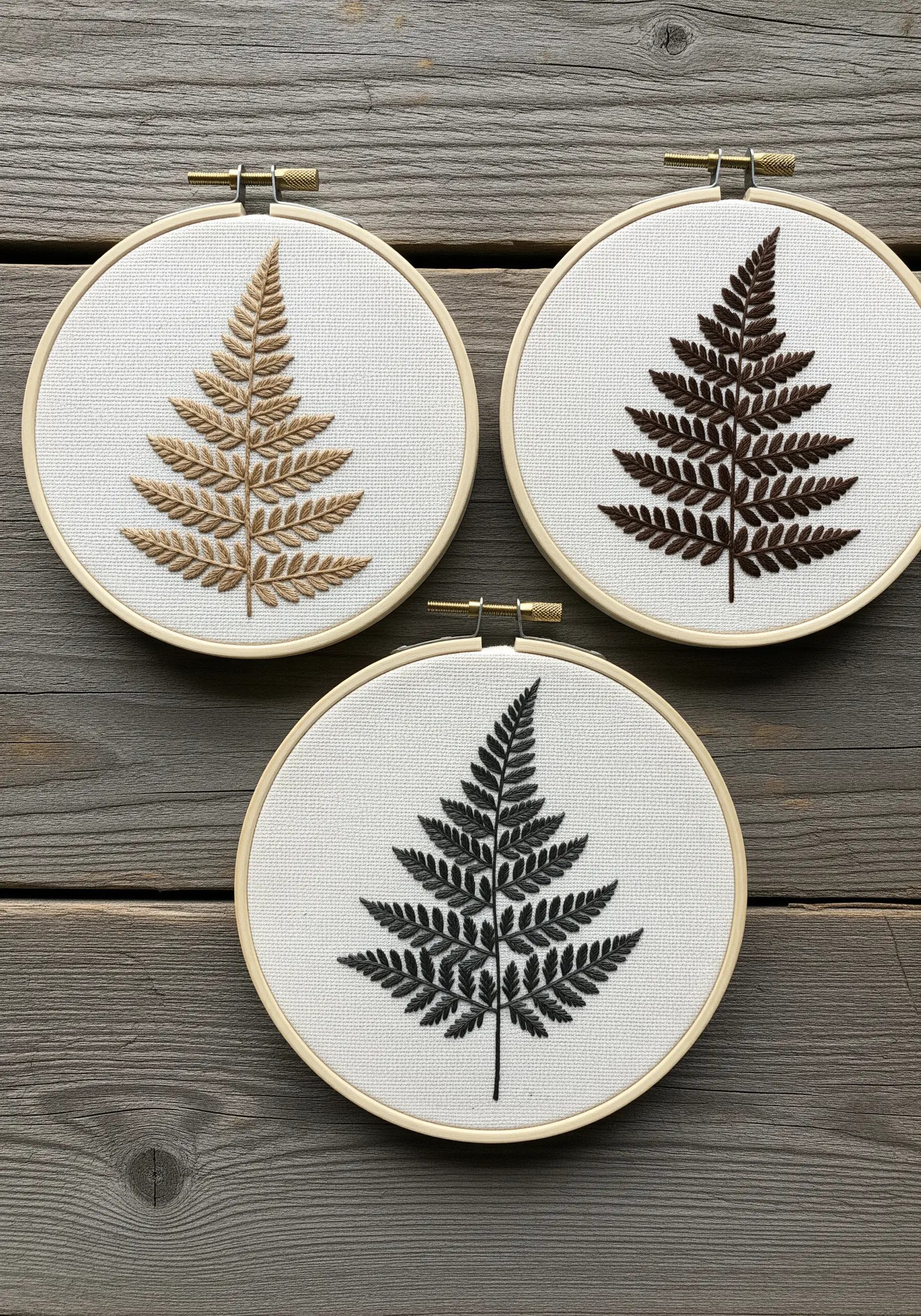 Three embroidery hoops showing the same fern leaf stitched in tan, dark brown, and charcoal gray.