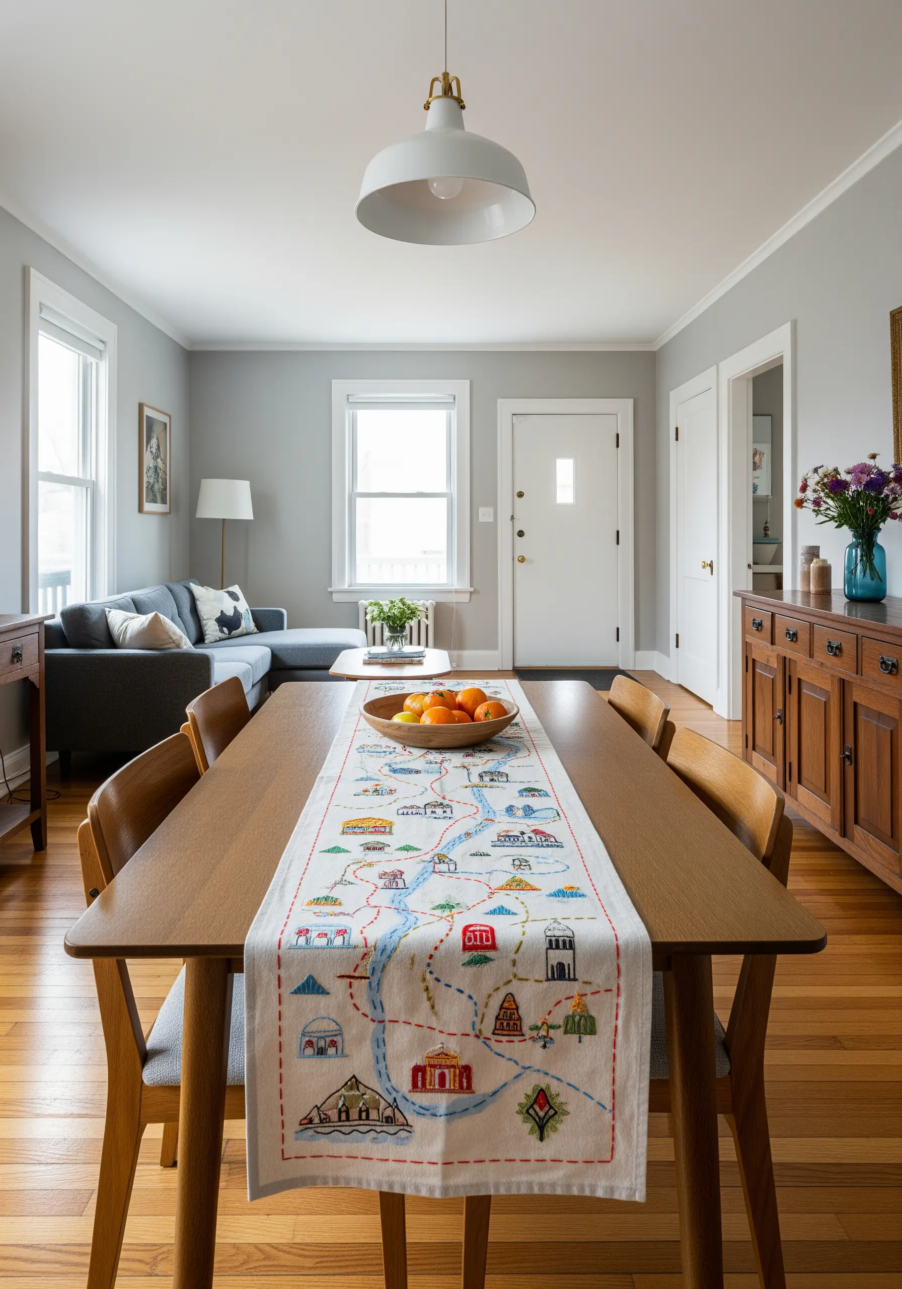 A long table runner featuring a colorful, embroidered map of a town or region.
