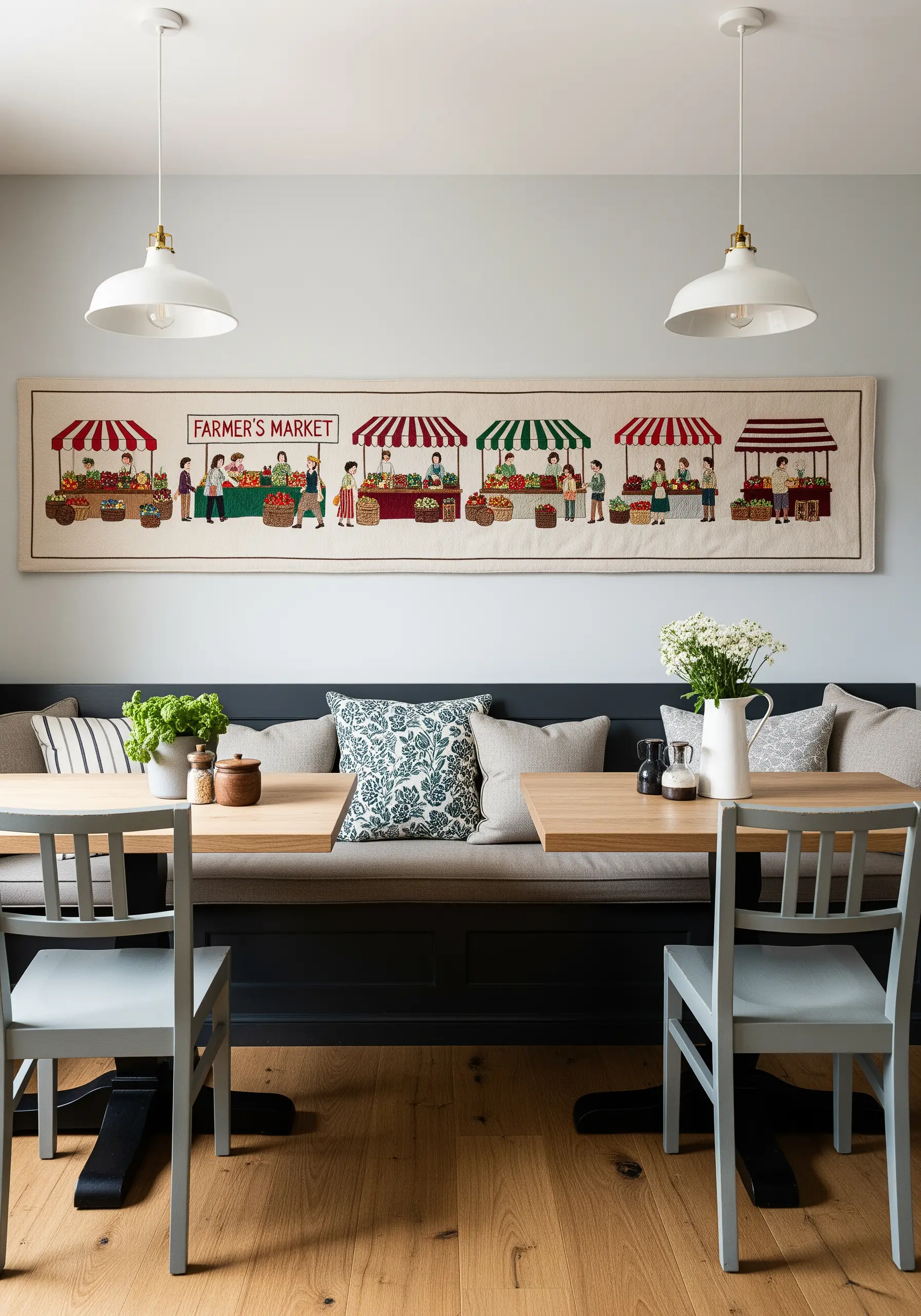 A long, panoramic embroidery of a bustling farmer's market scene hanging in a dining area.